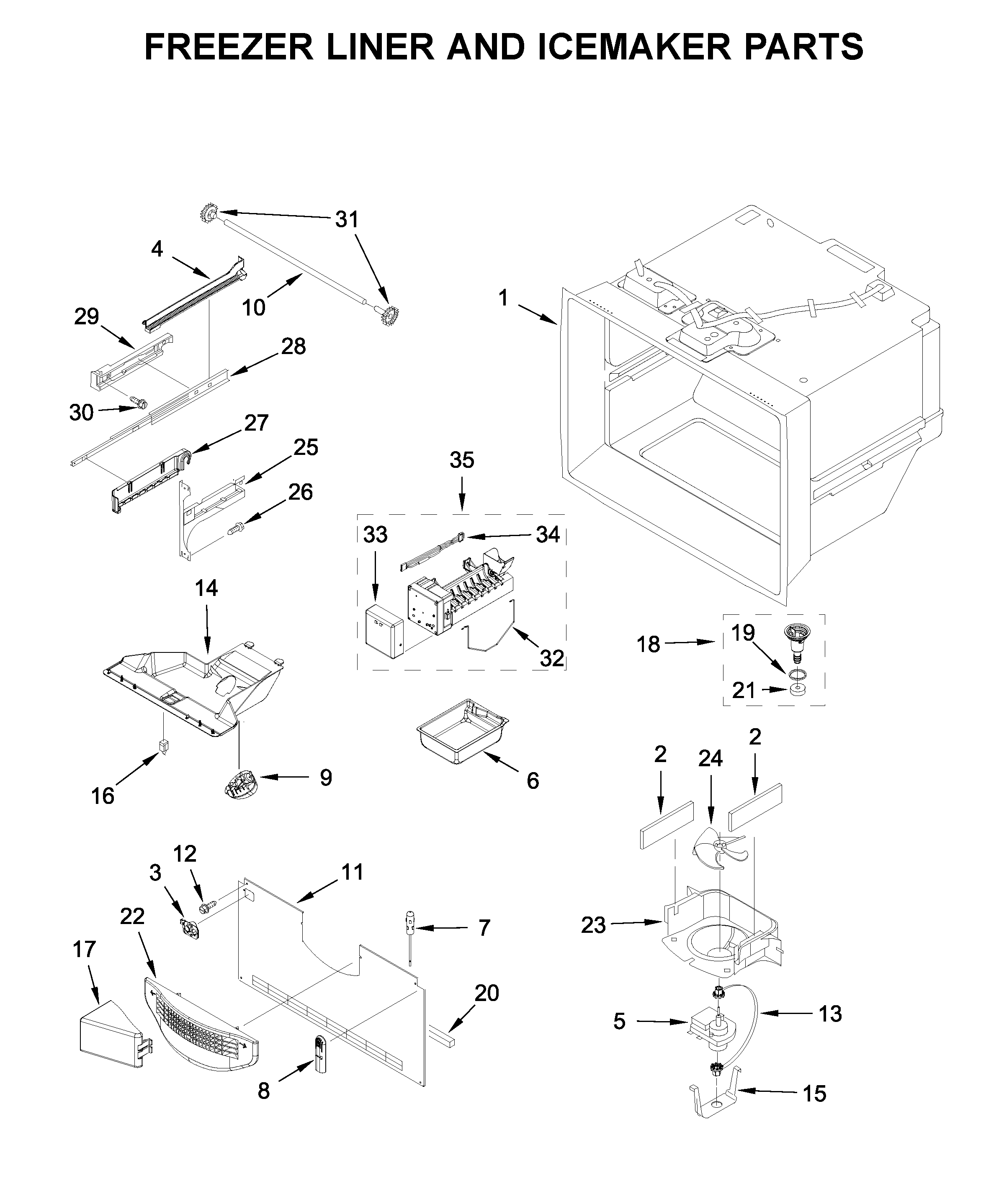 Freezer liner and icemaker parts