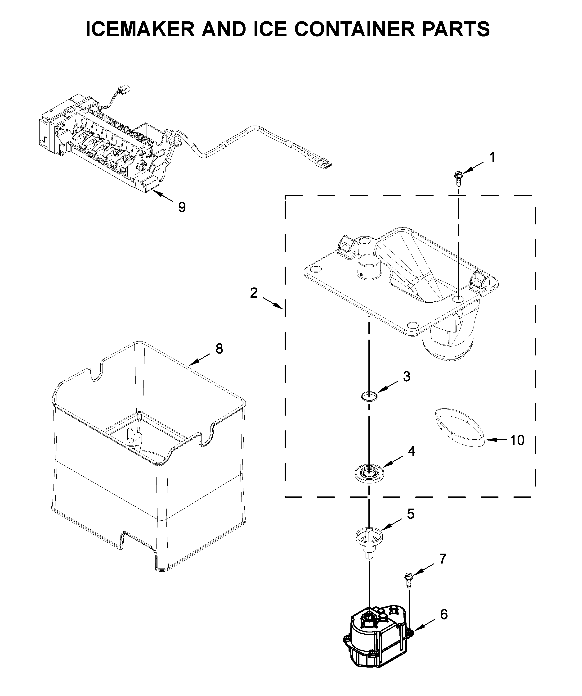 Icemaker and ice container parts