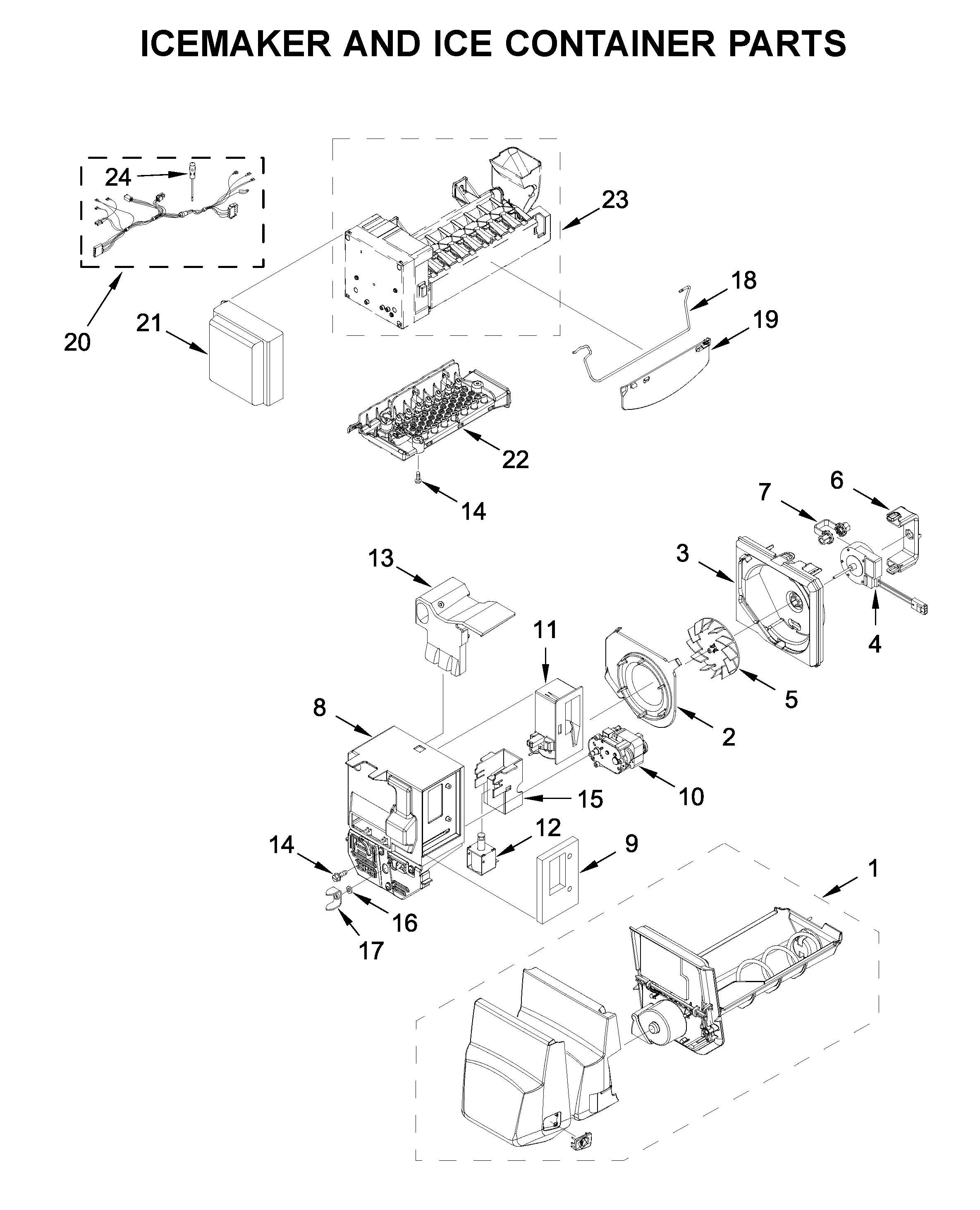 Icemaker and ice container parts