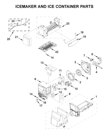 Icemaker and ice container parts