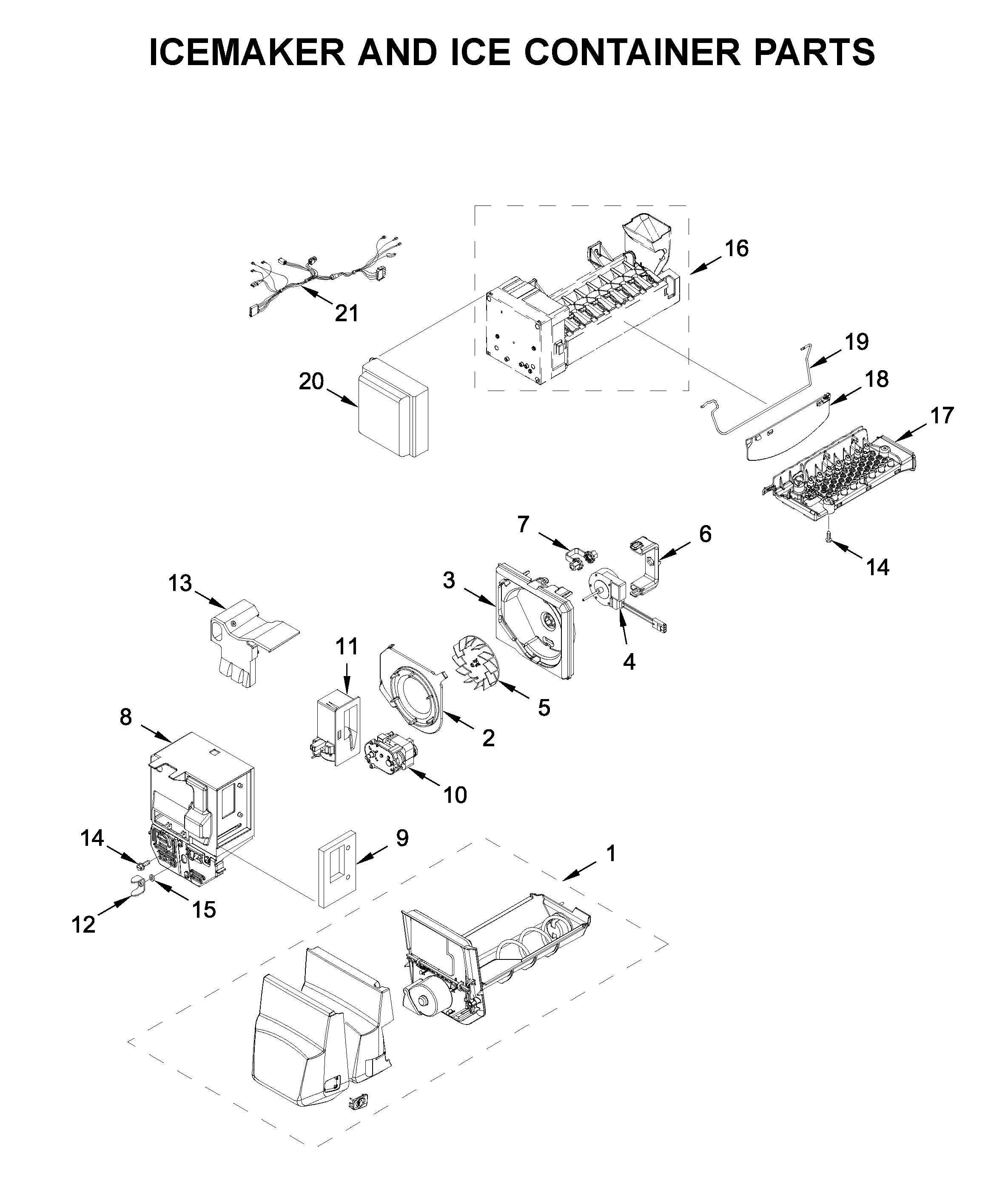 Icemaker and ice container parts
