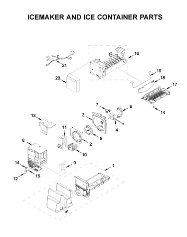 Icemaker and ice container parts
