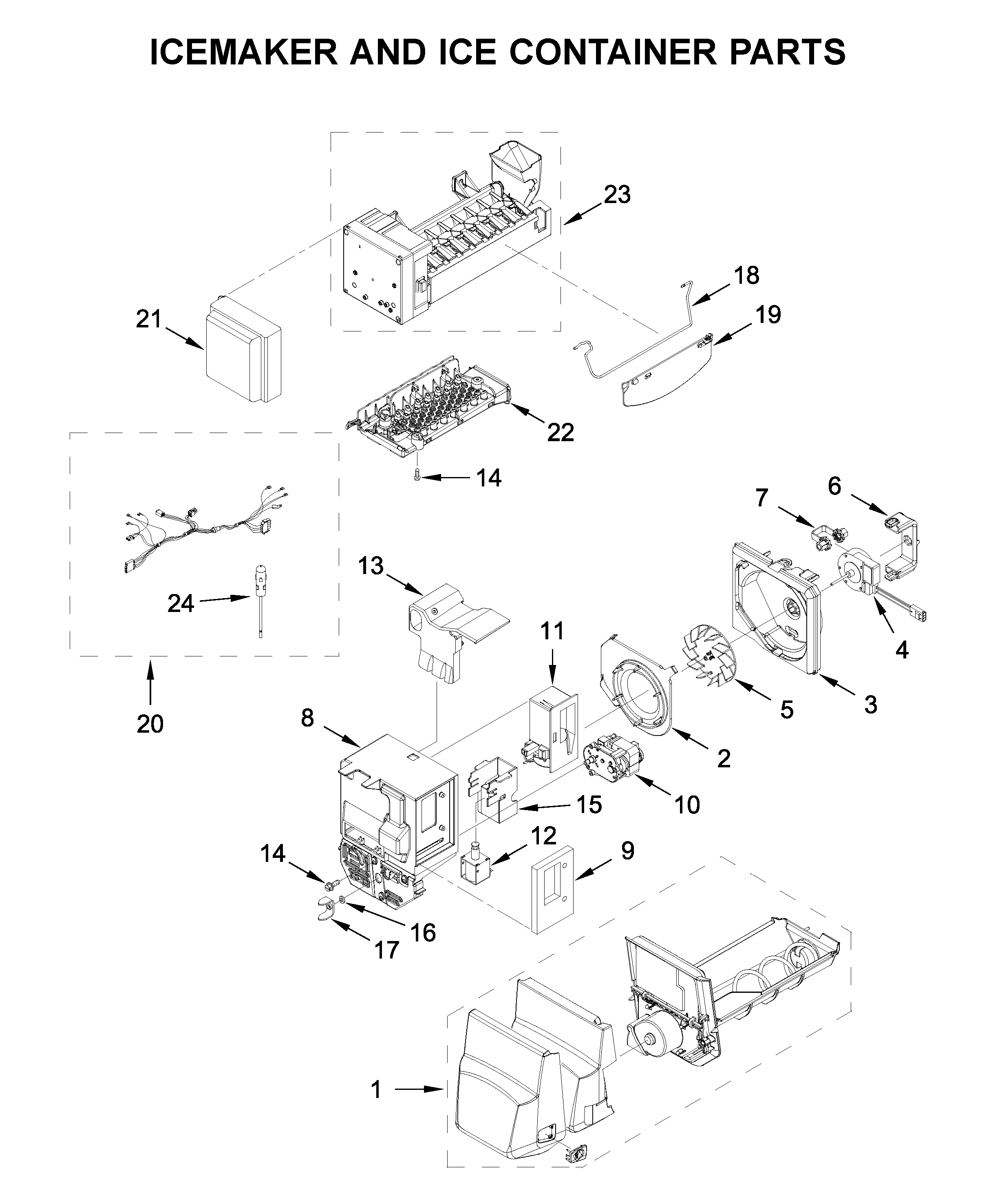 Icemaker and ice container parts