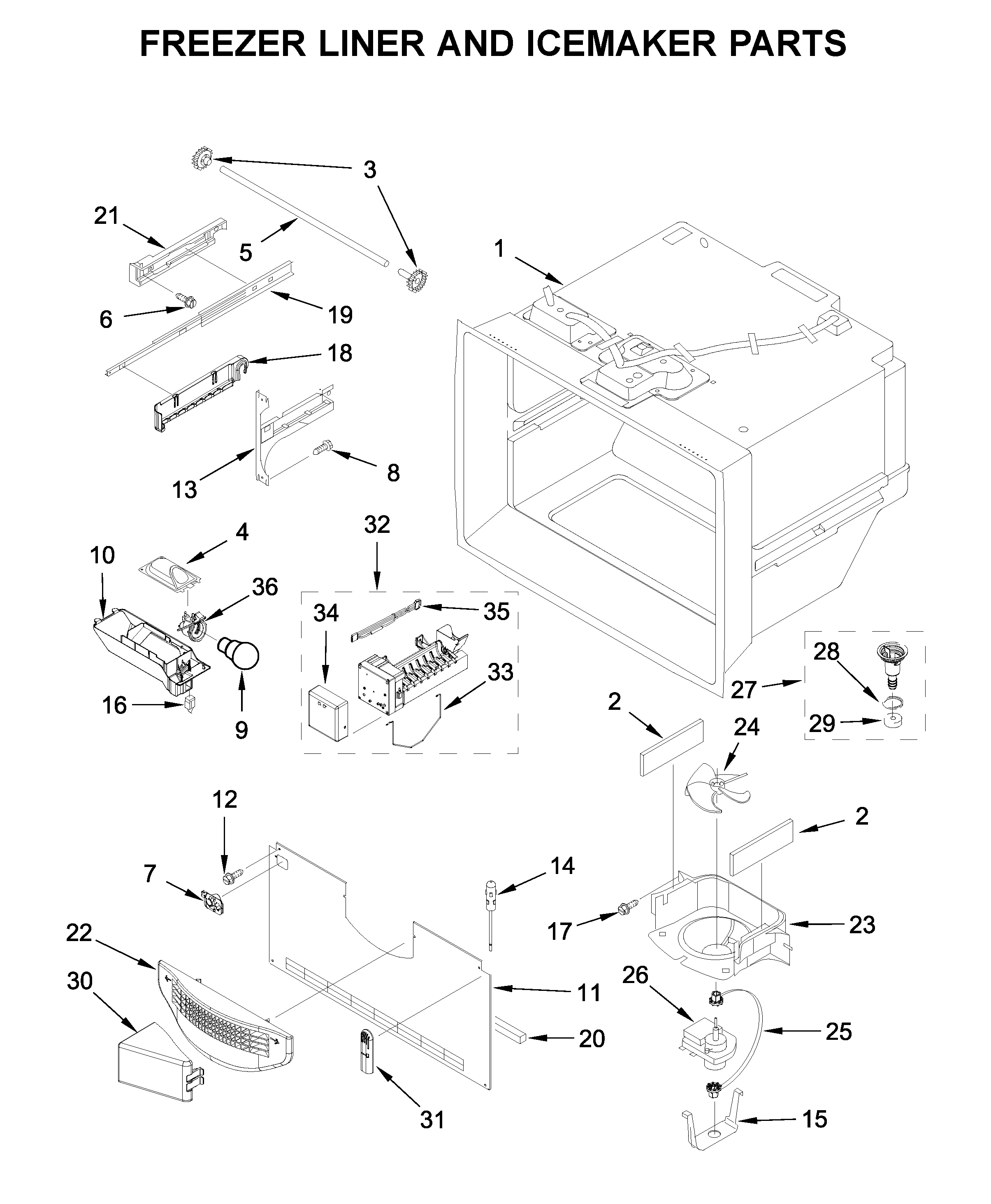 Freezer liner and icemaker parts
