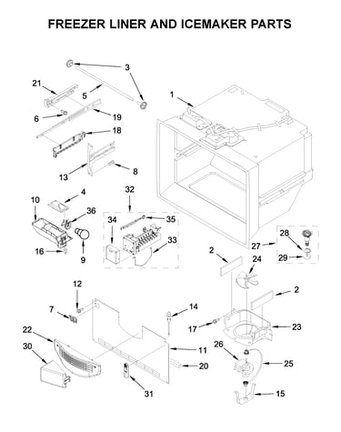 Freezer liner and icemaker parts