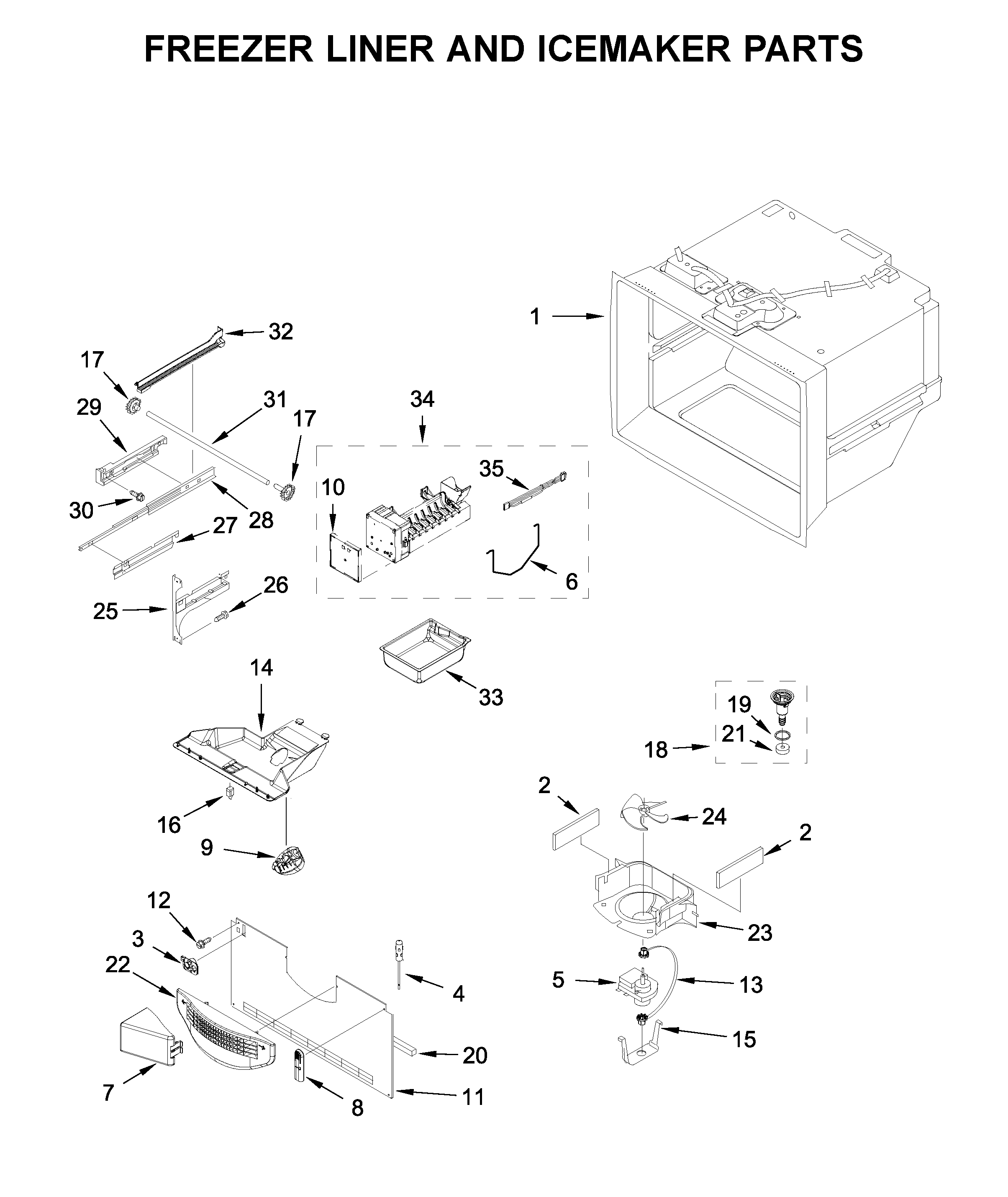 Freezer liner and icemaker parts
