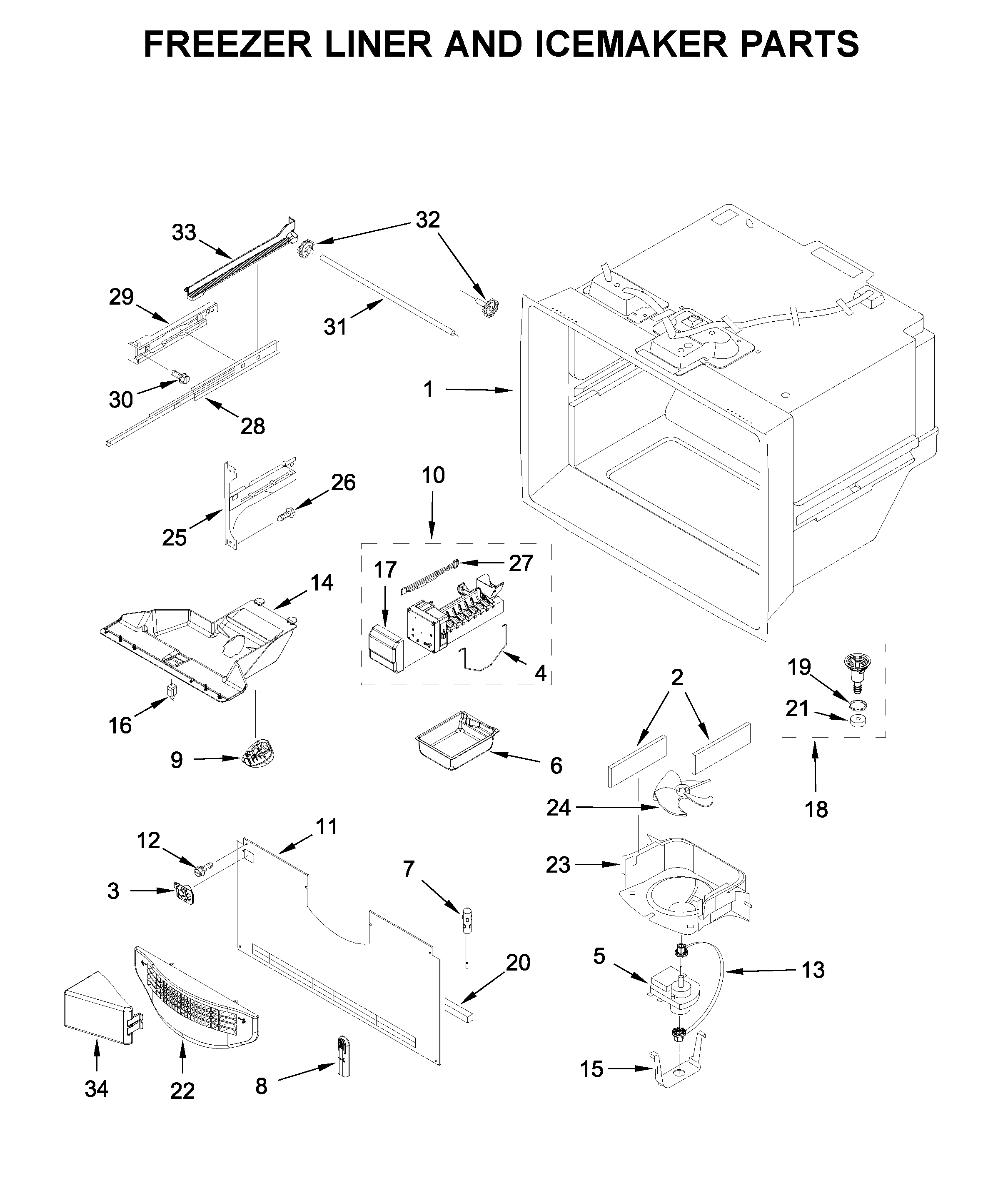 Freezer liner and icemaker parts