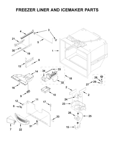Freezer liner and icemaker parts