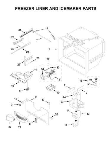 Freezer liner and icemaker parts