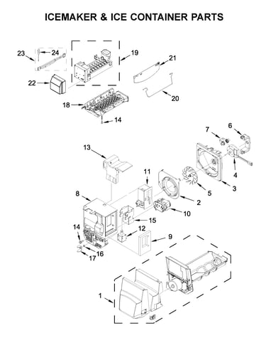 Icemaker and ice container parts
