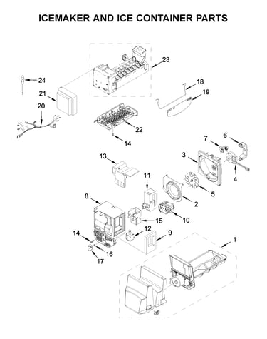 Icemaker and ice container parts