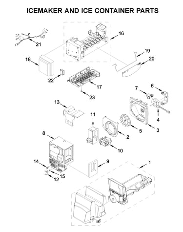 Icemaker and ice container parts