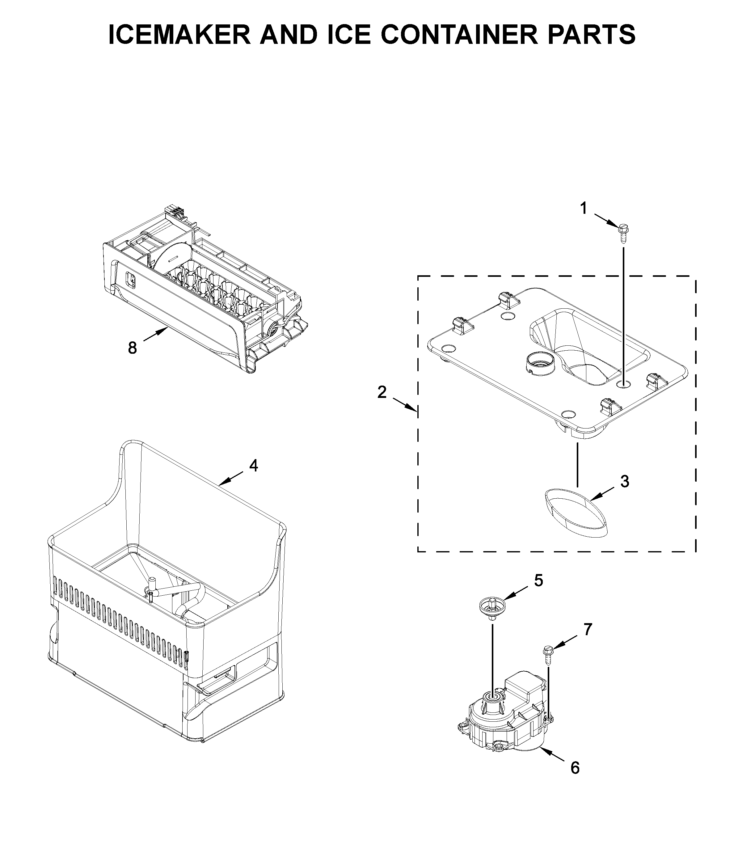 Icemaker and ice container parts