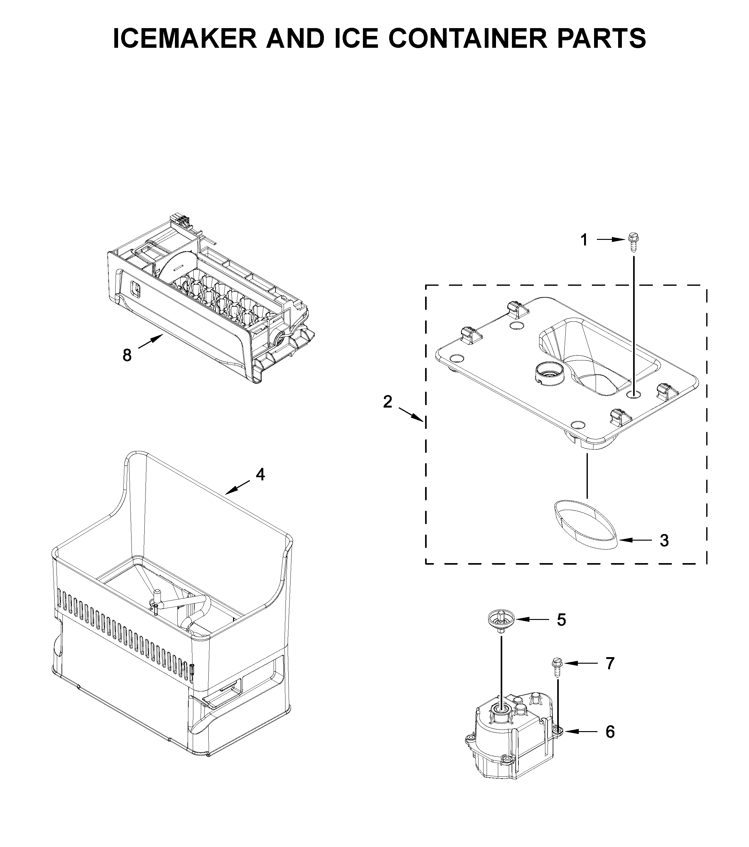 Icemaker and ice container parts