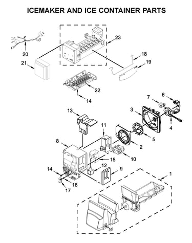 Icemaker and ice container parts