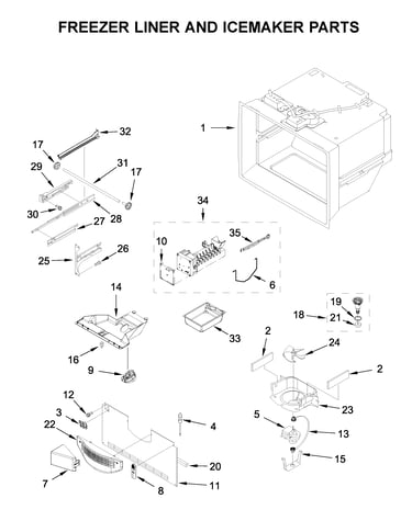 Freezer liner and icemaker parts
