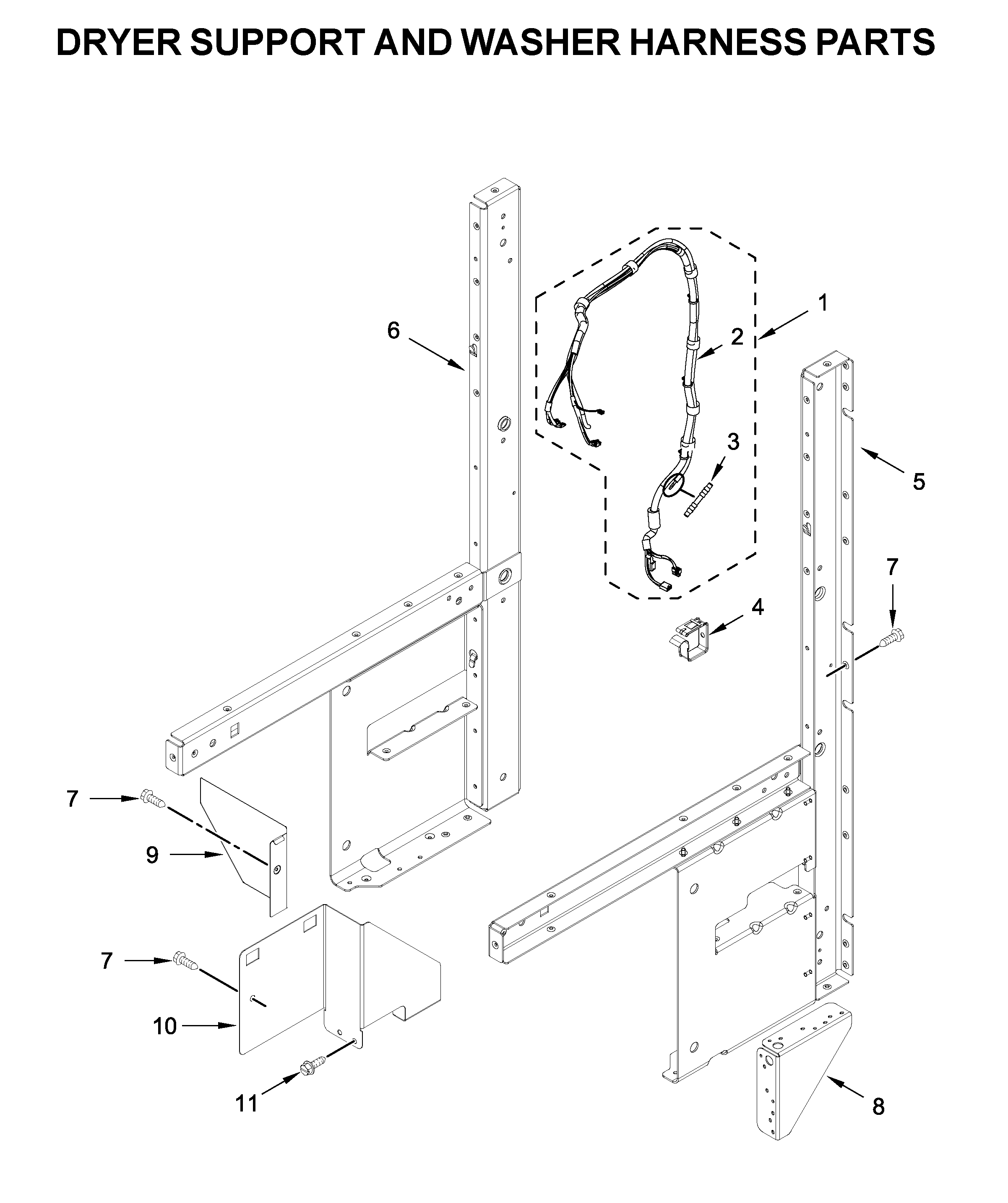 Dryer support and washer harness parts