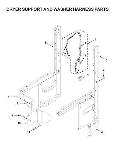 Dryer support and washer harness parts