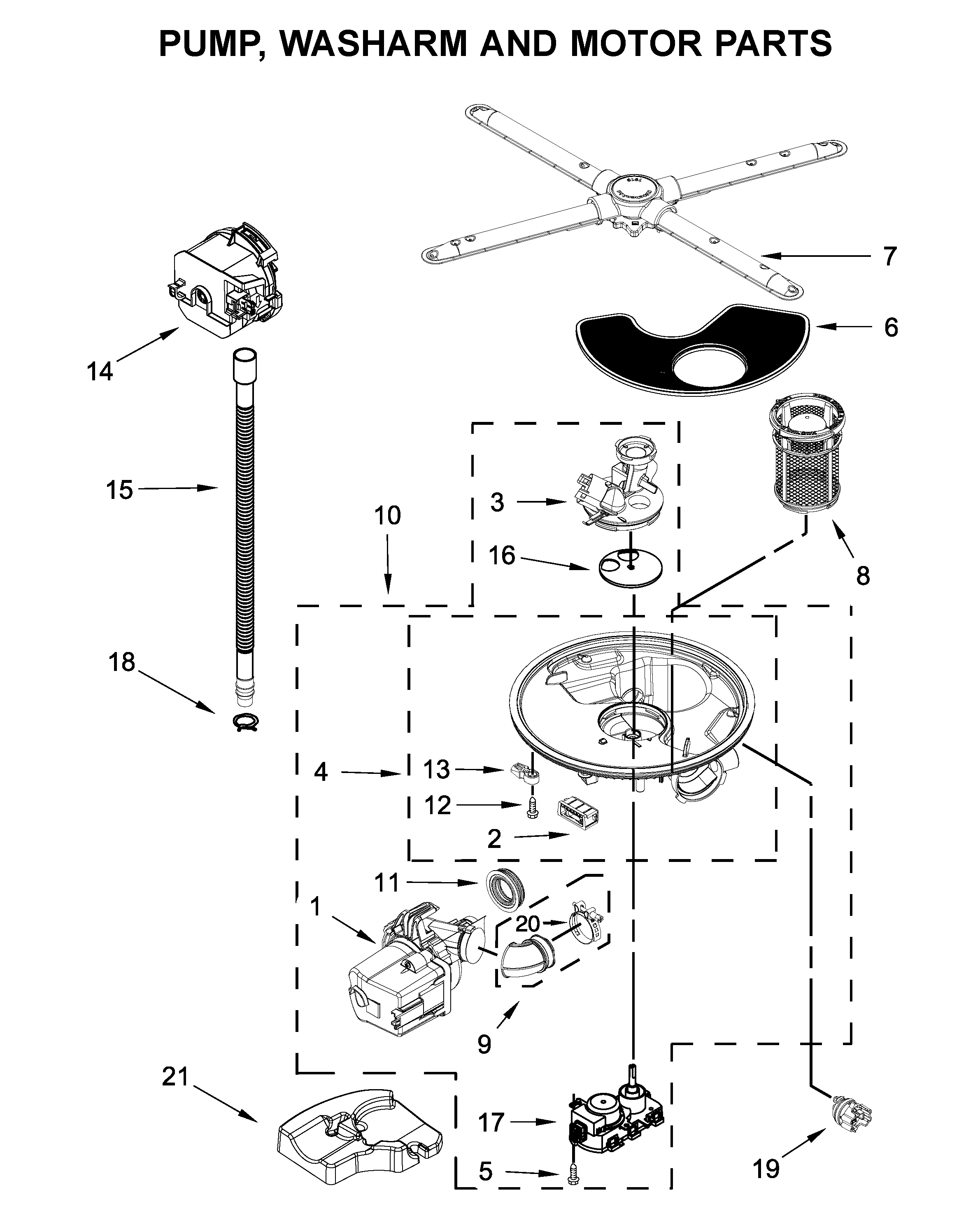 Pump, washarm and motor parts