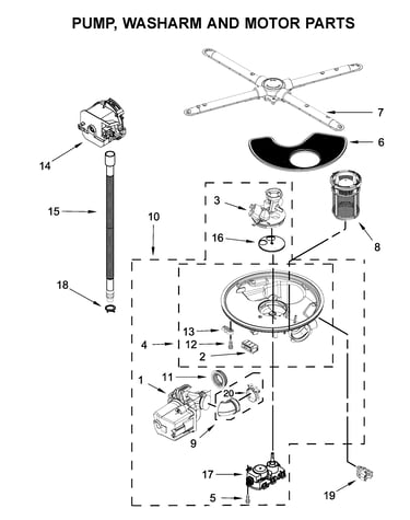 Pump, washarm and motor parts
