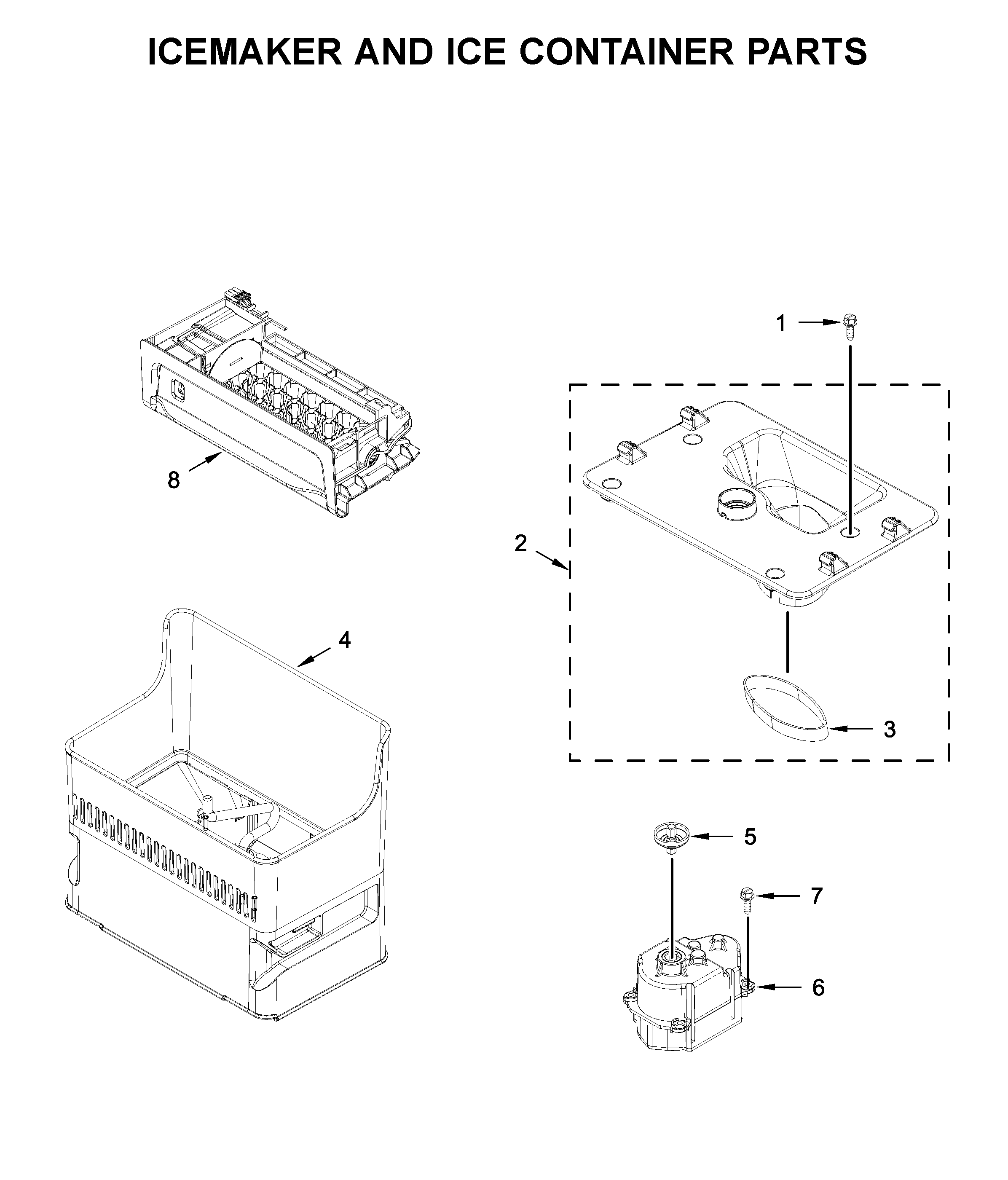 Icemaker and ice container parts