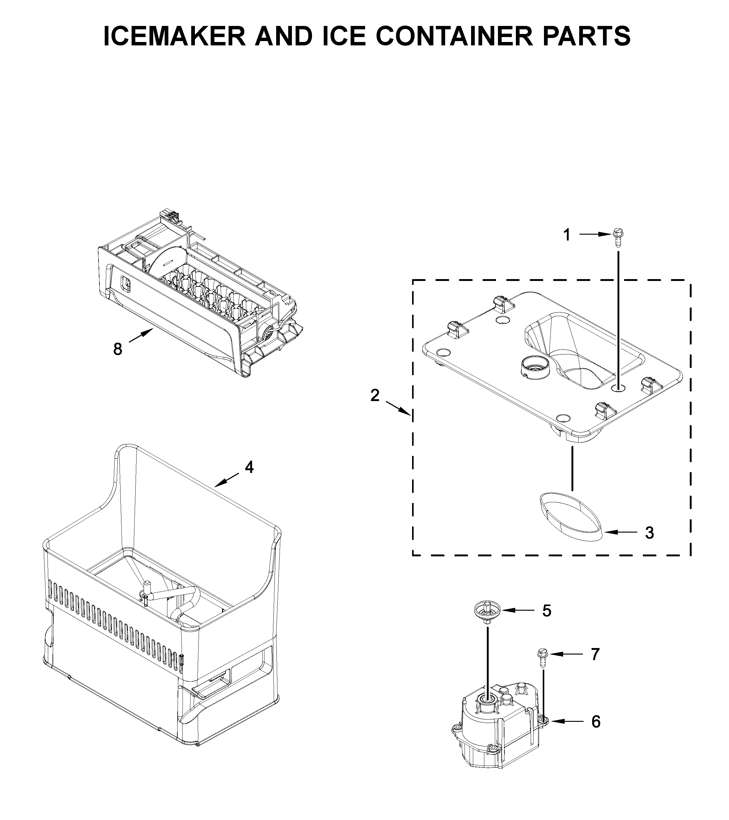 Icemaker and ice container parts