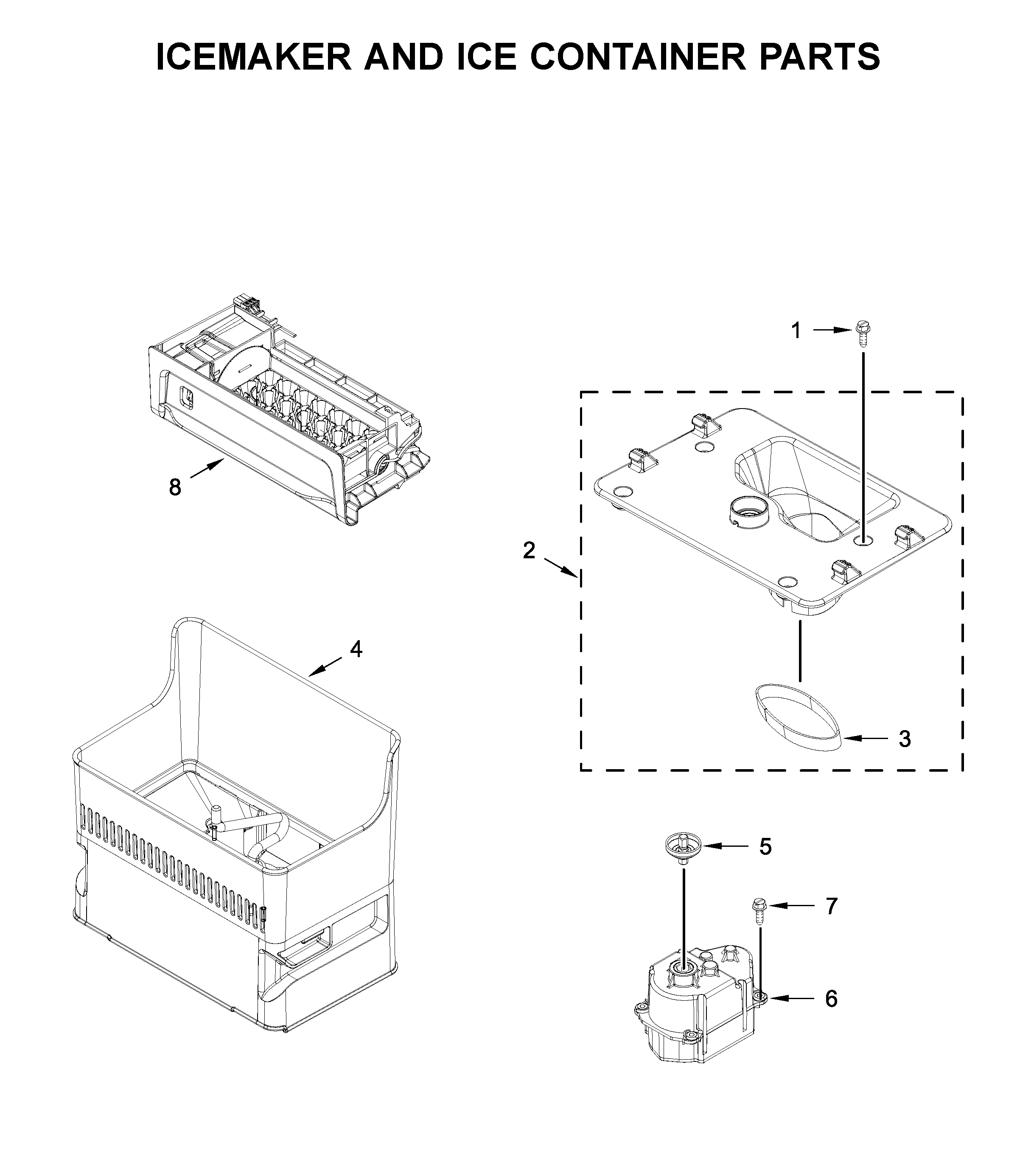 Icemaker and ice container parts