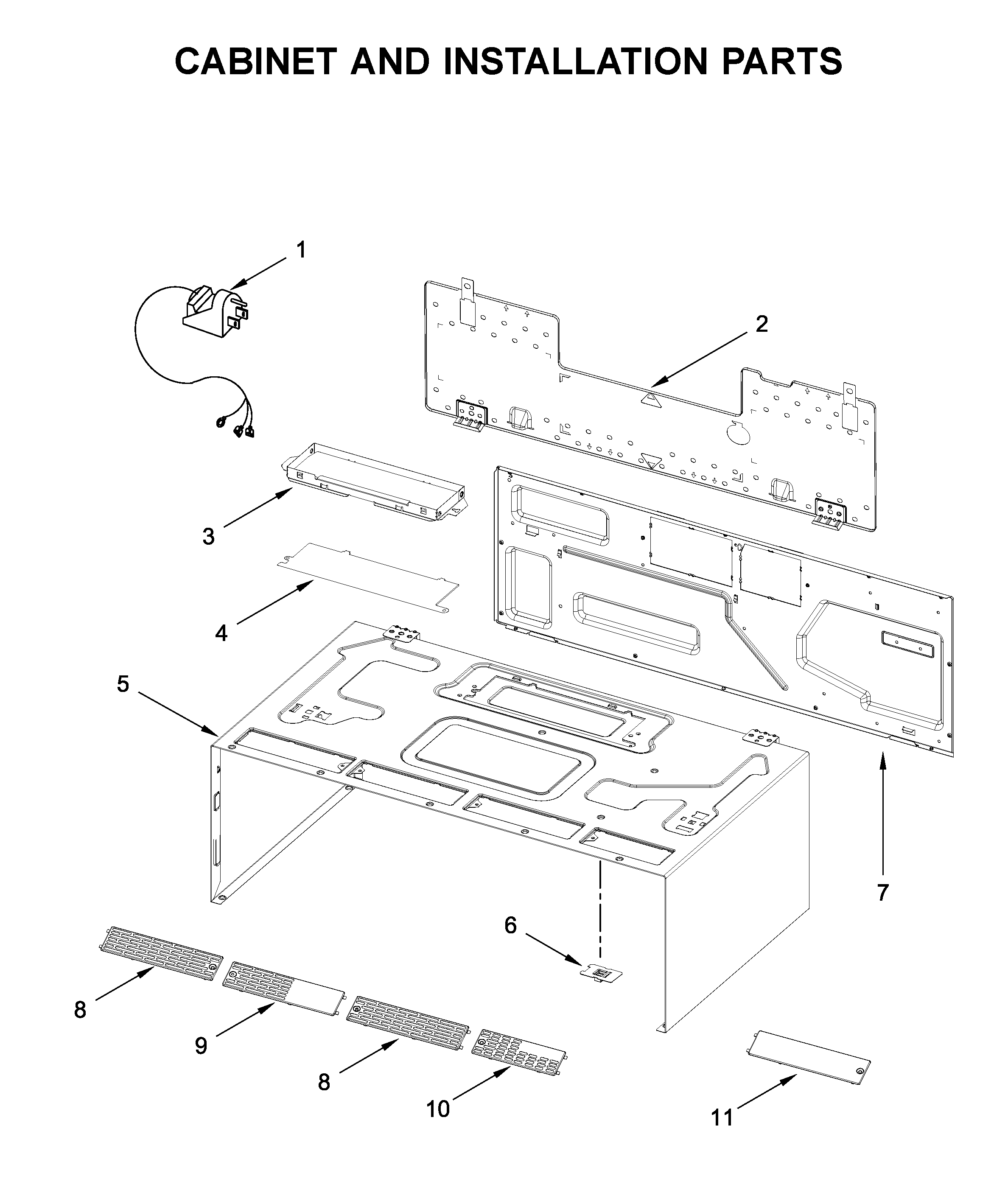 Cabinet and installation parts