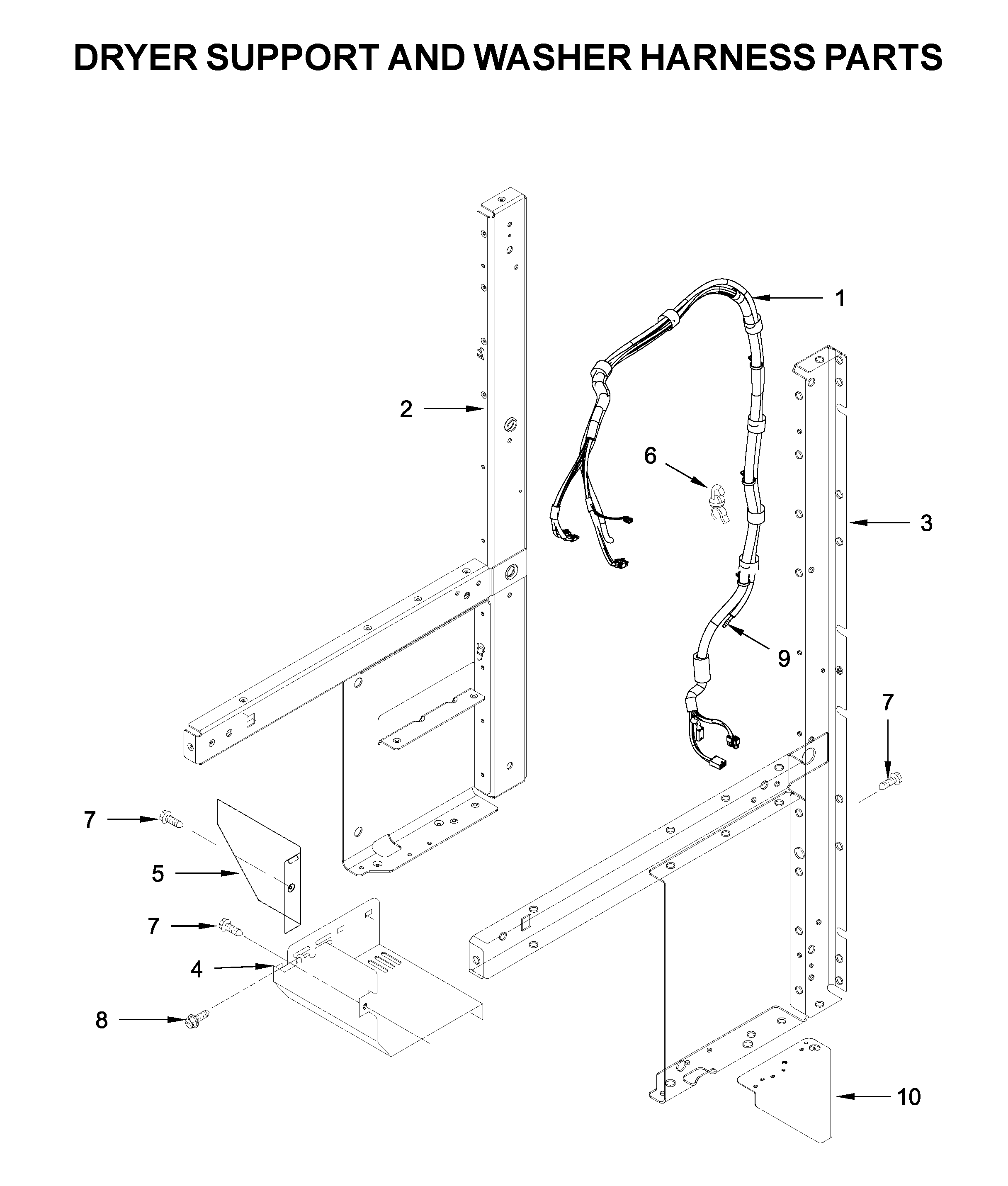 Dryer support and washer harness parts
