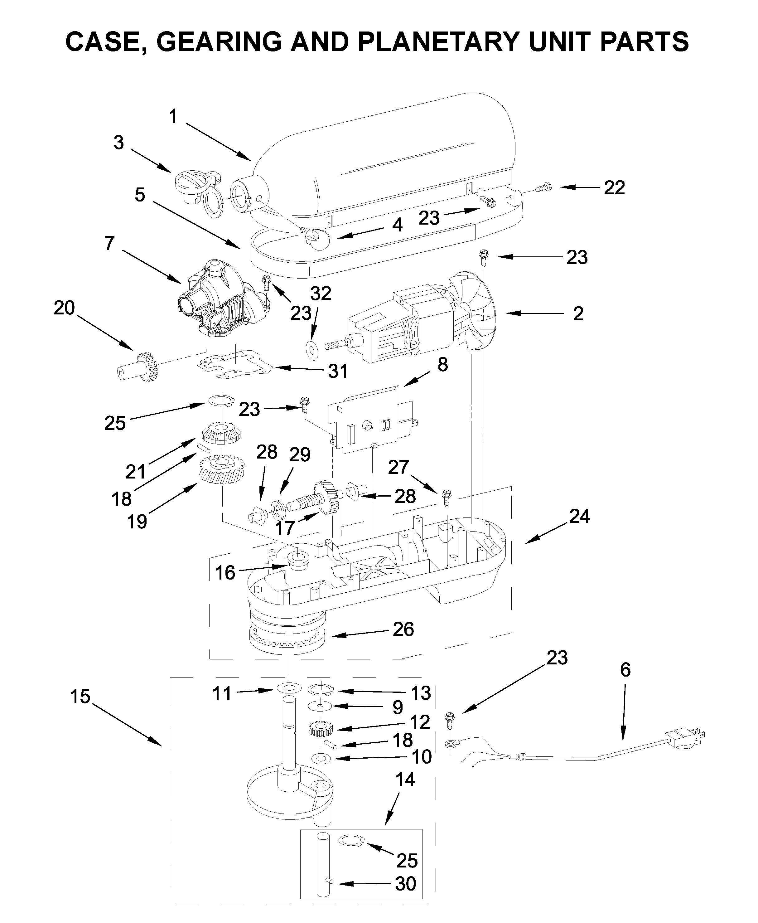 Case, gearing and planetary unit parts
