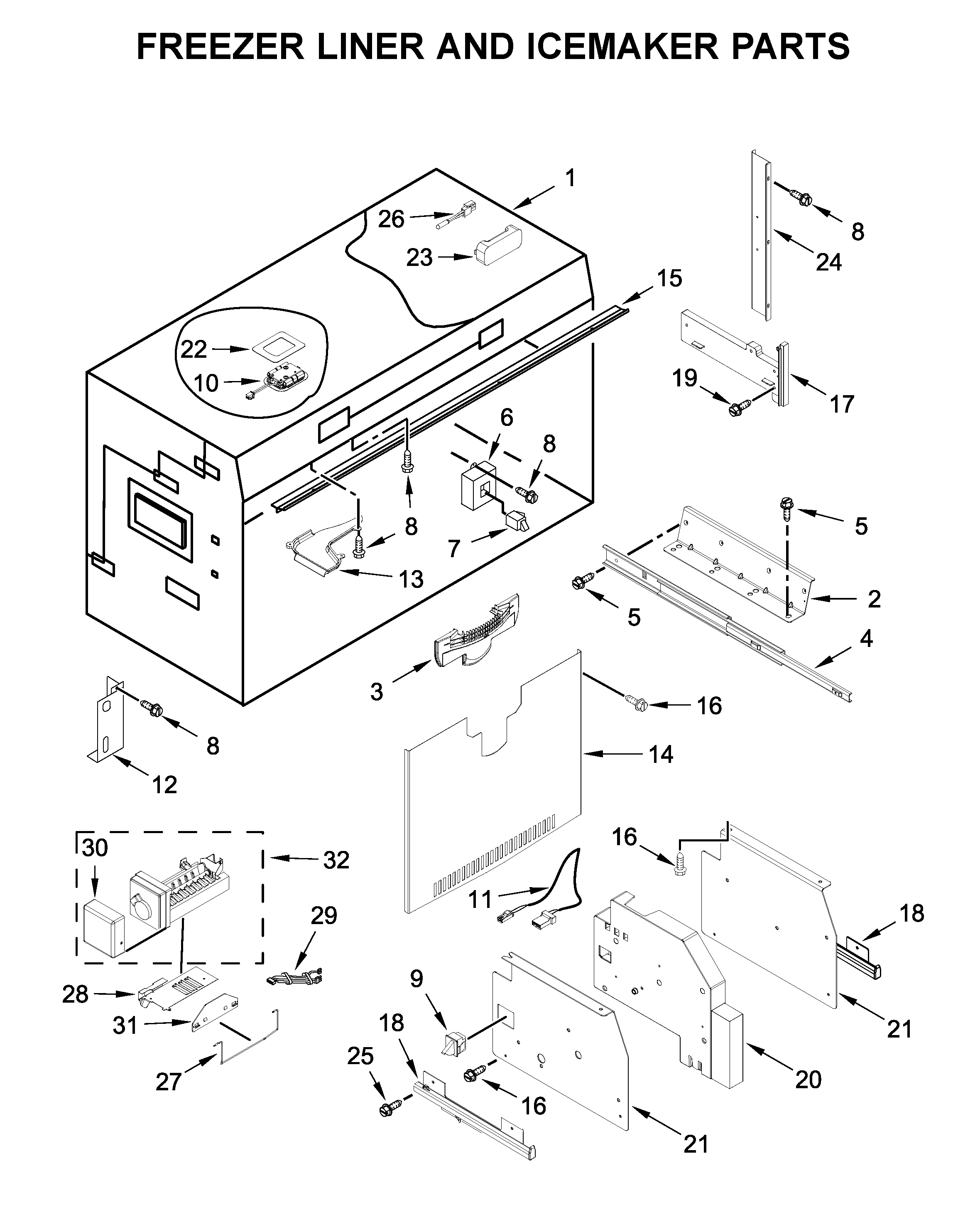 Freezer liner and icemaker parts