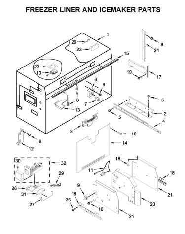 Freezer liner and icemaker parts