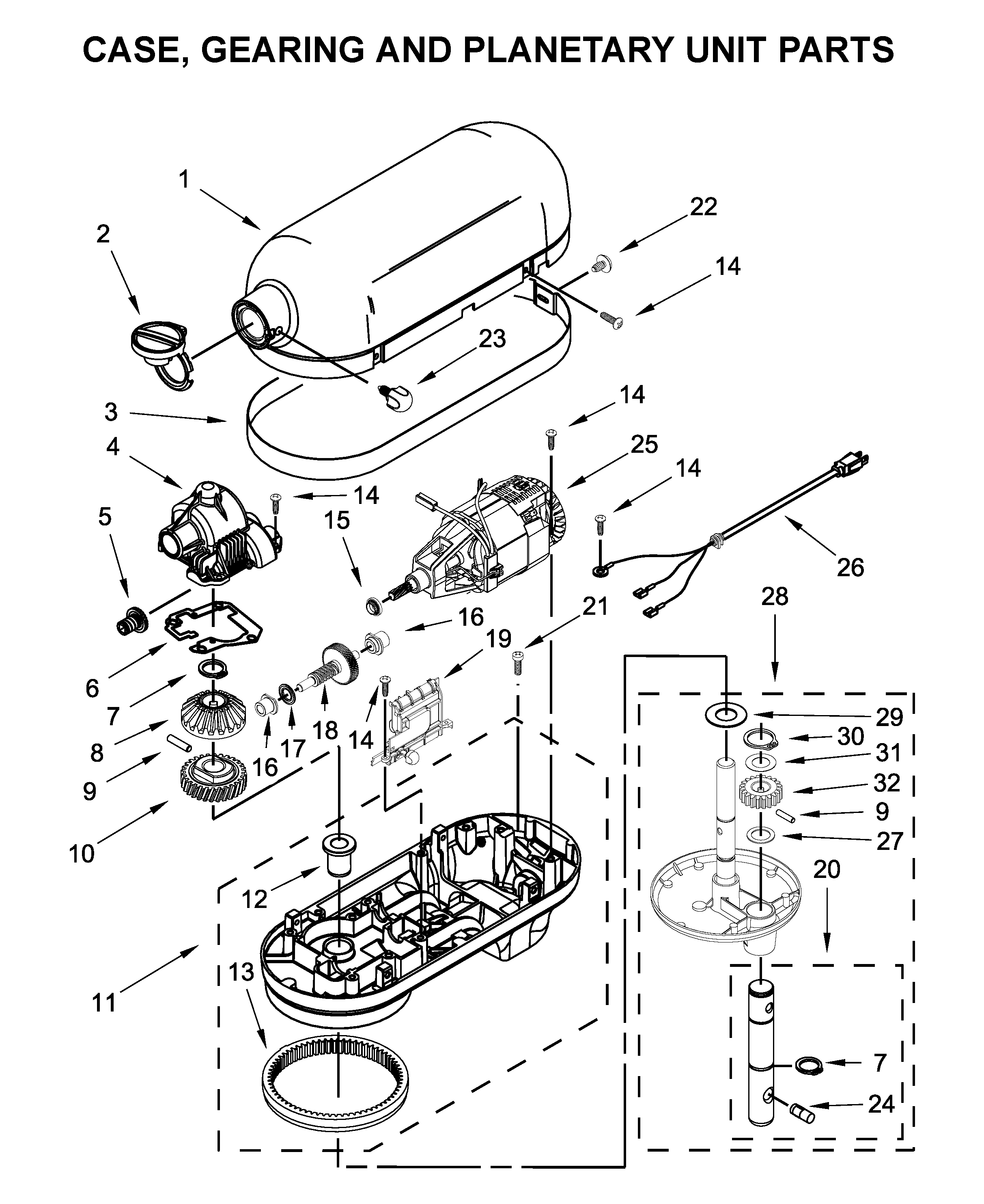 Case, gearing and planetary unit parts