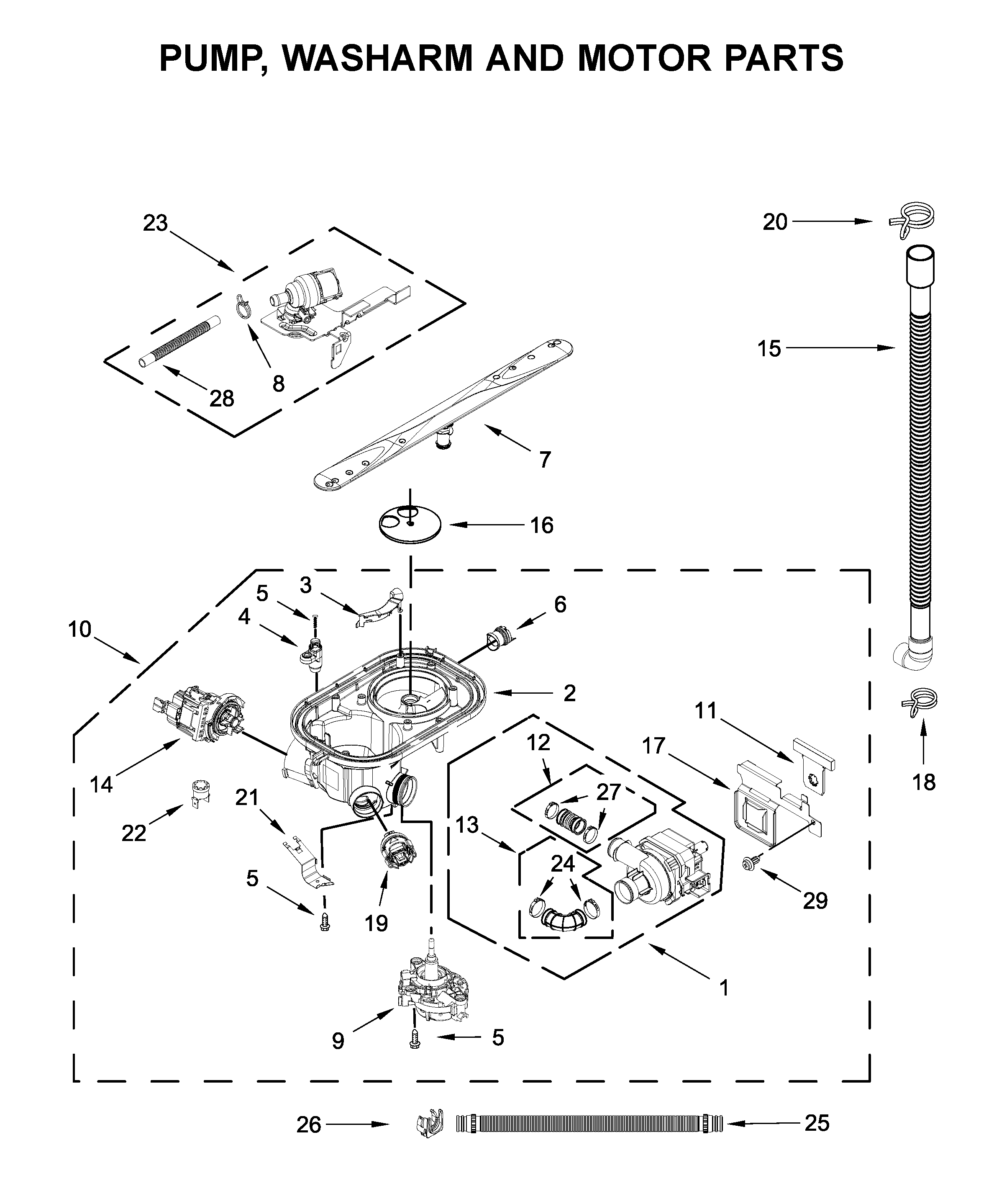 Pump, washarm and motor parts