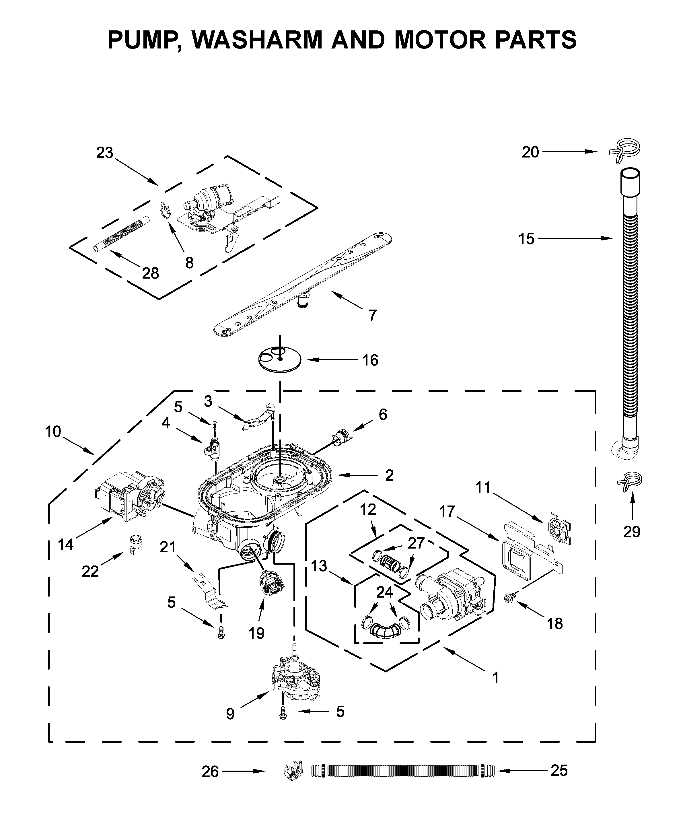 Pump, washarm and motor parts