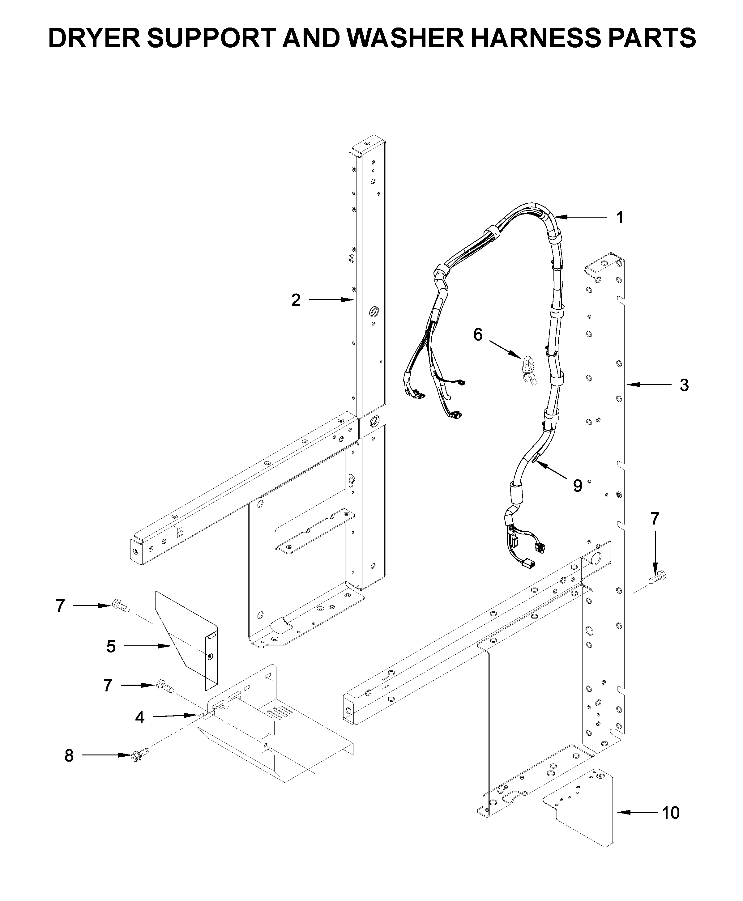 Dryer support and washer harness parts
