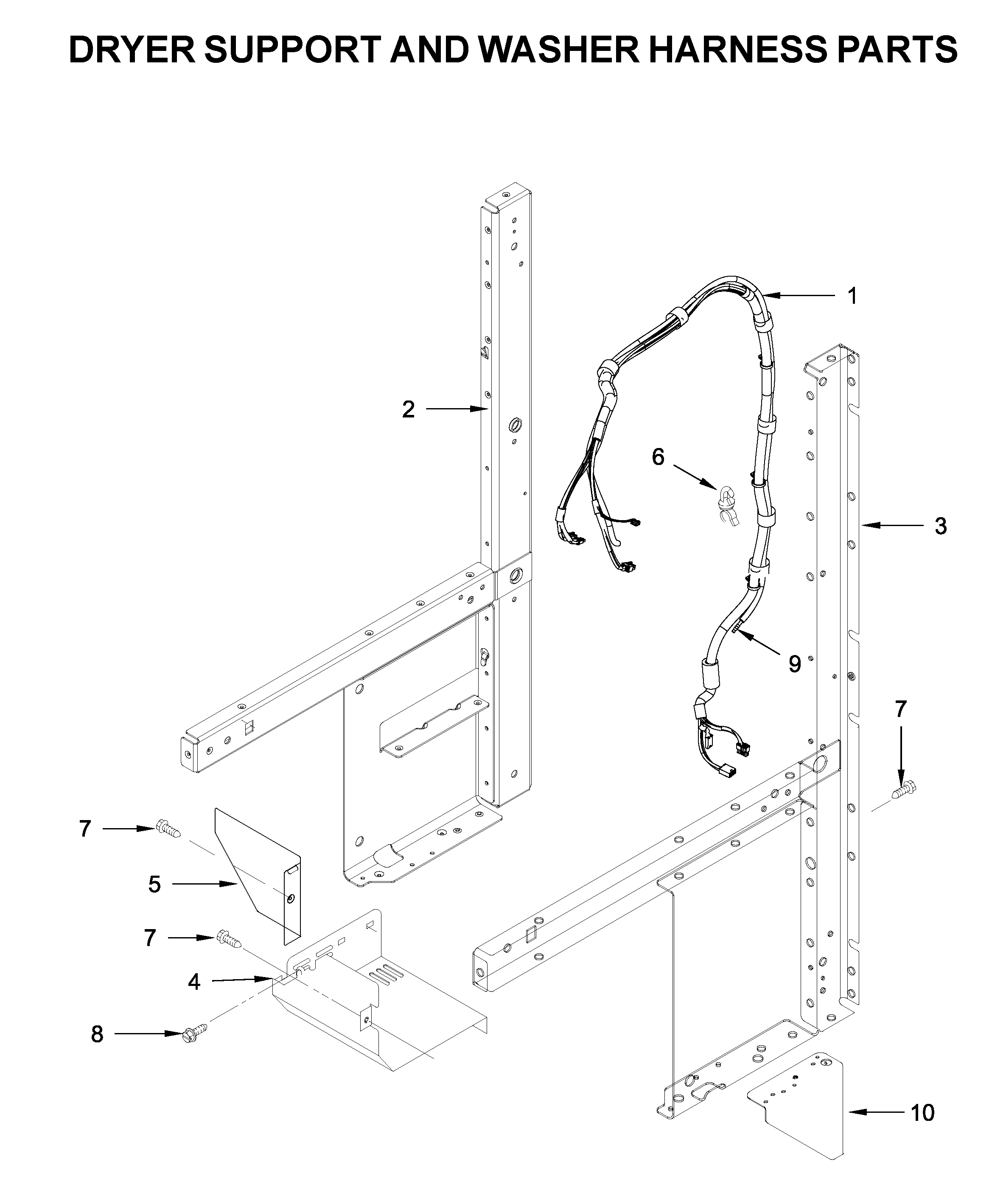 Dryer support and washer harness parts