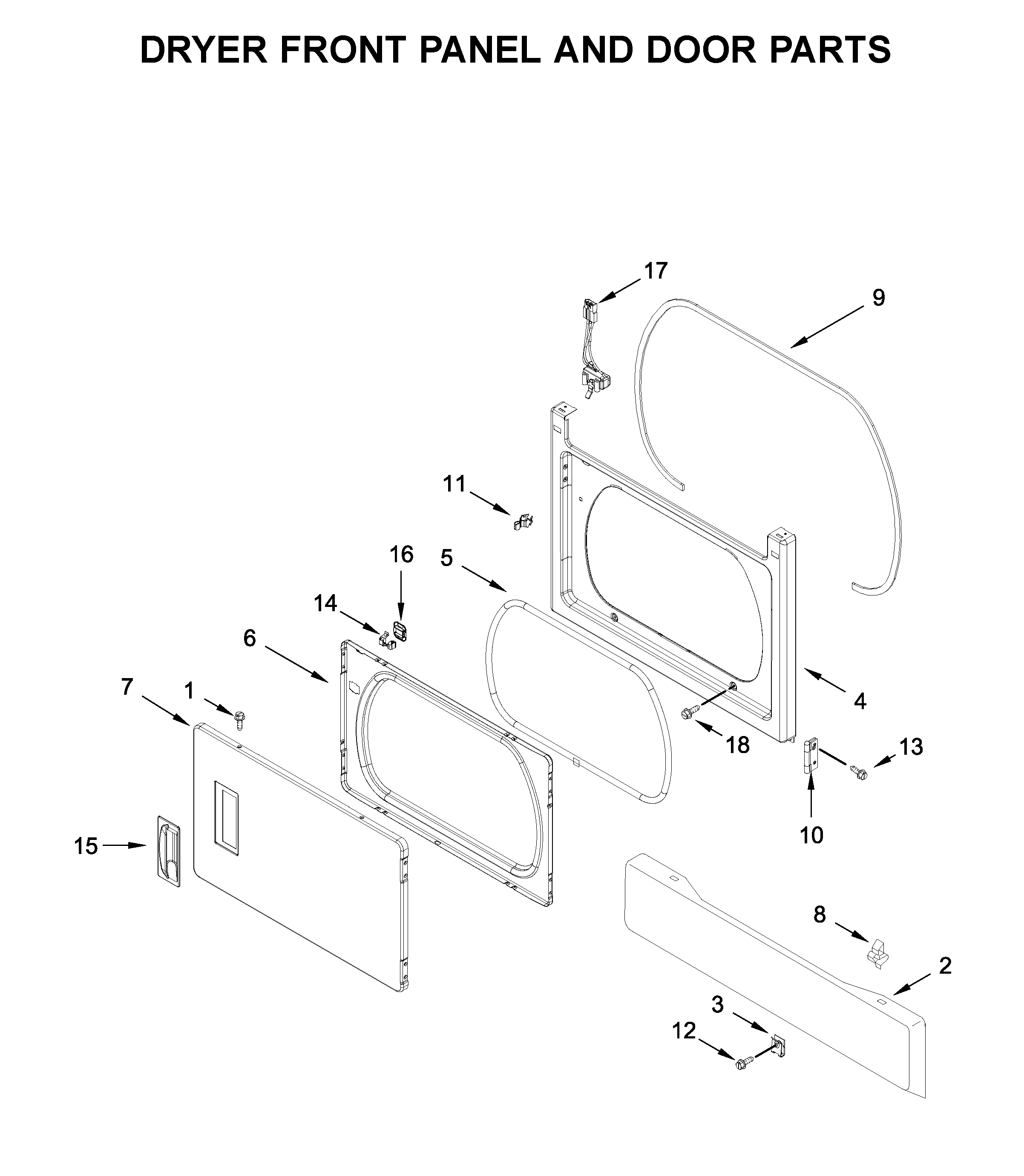 Dryer front panel and door parts