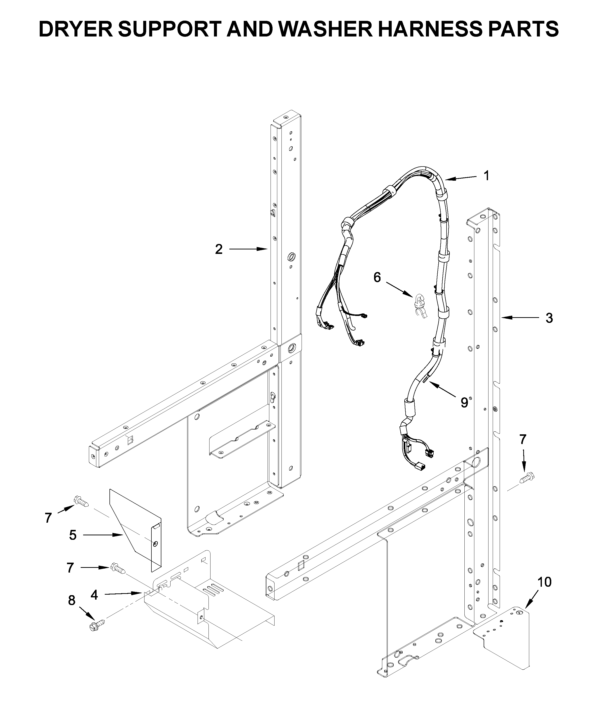 Dryer support and washer harness parts