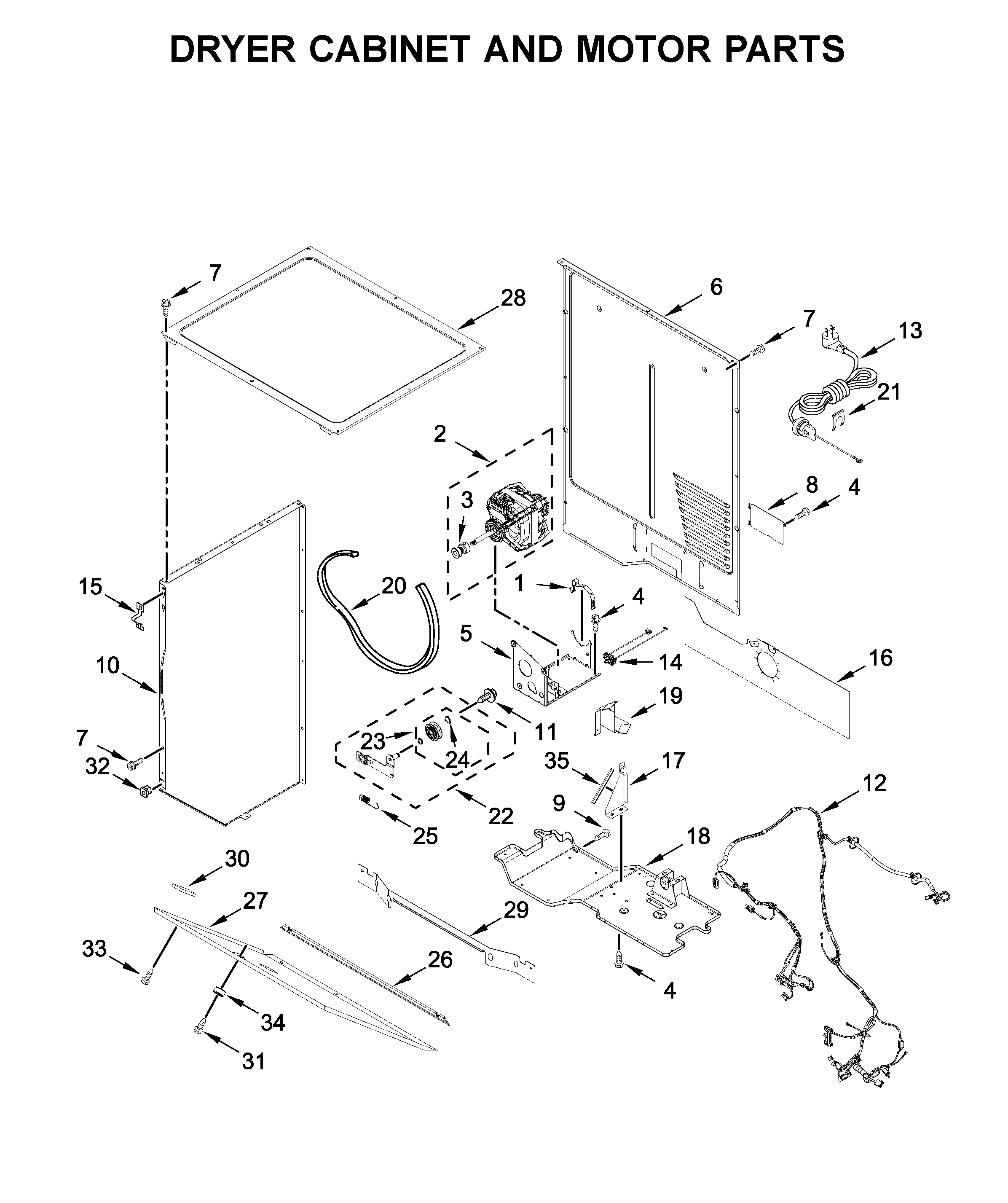 Dryer cabinet and motor parts