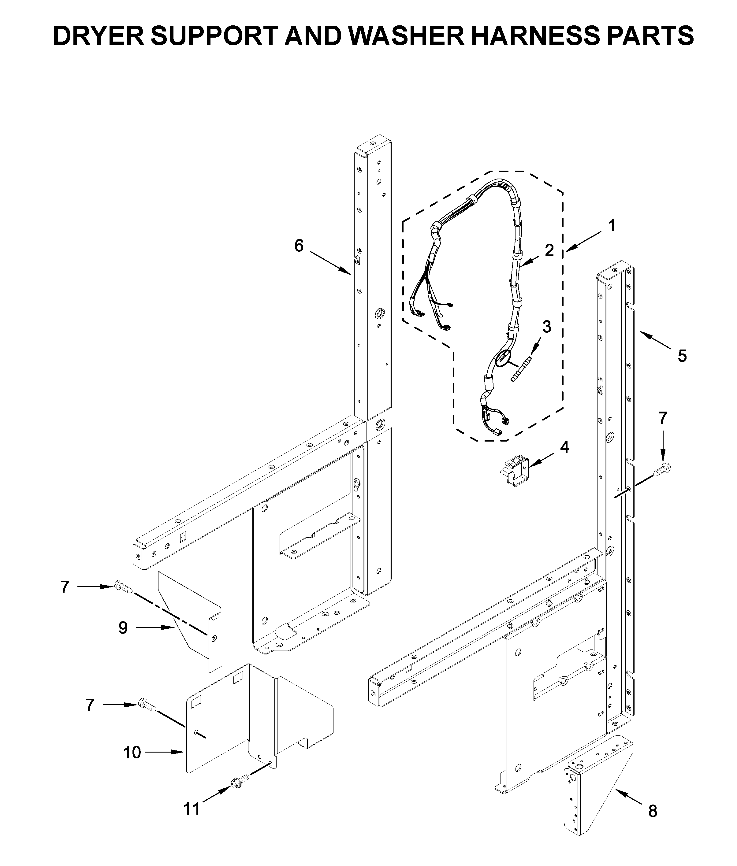 Dryer support and washer harness parts