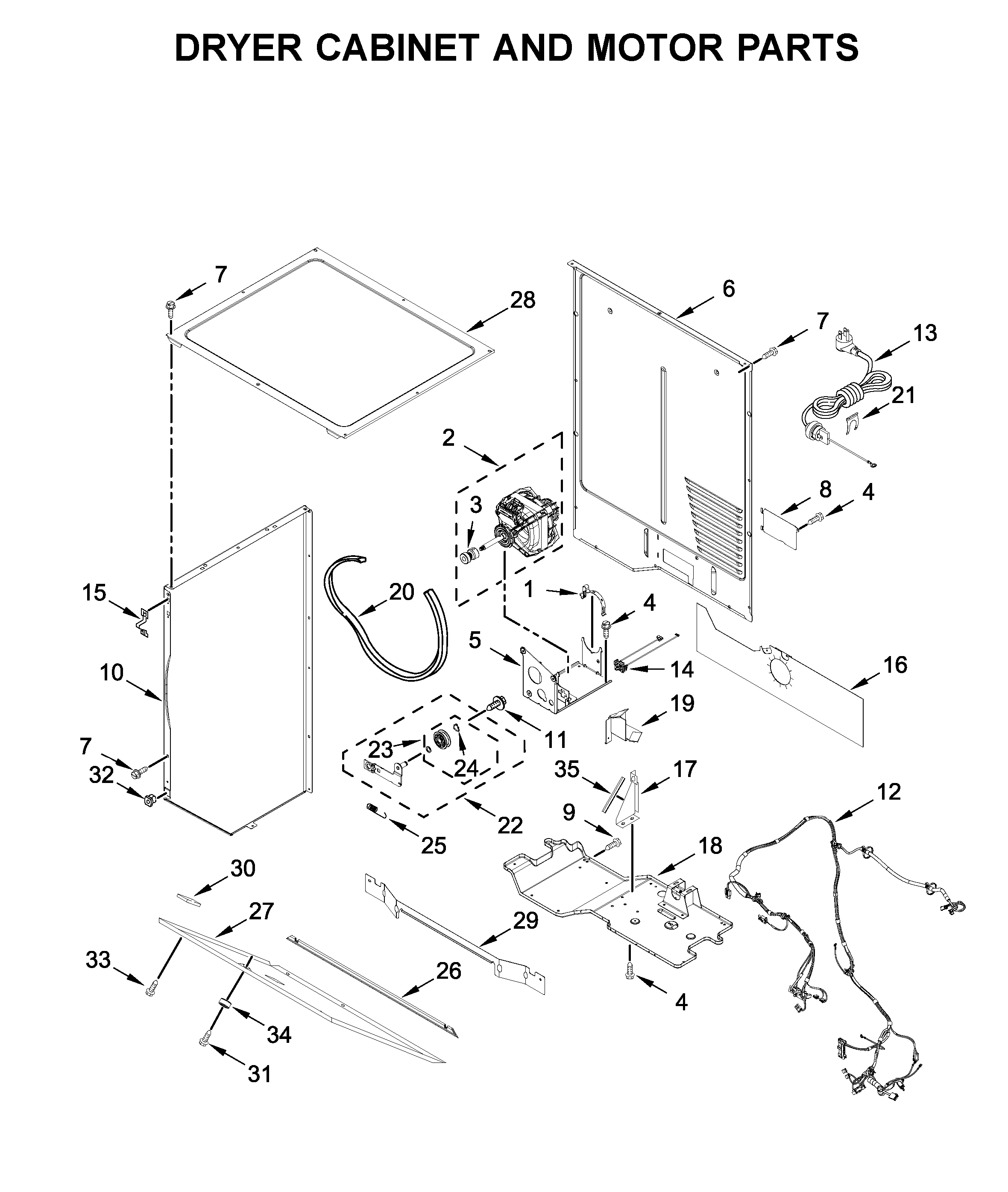 Dryer cabinet and motor parts