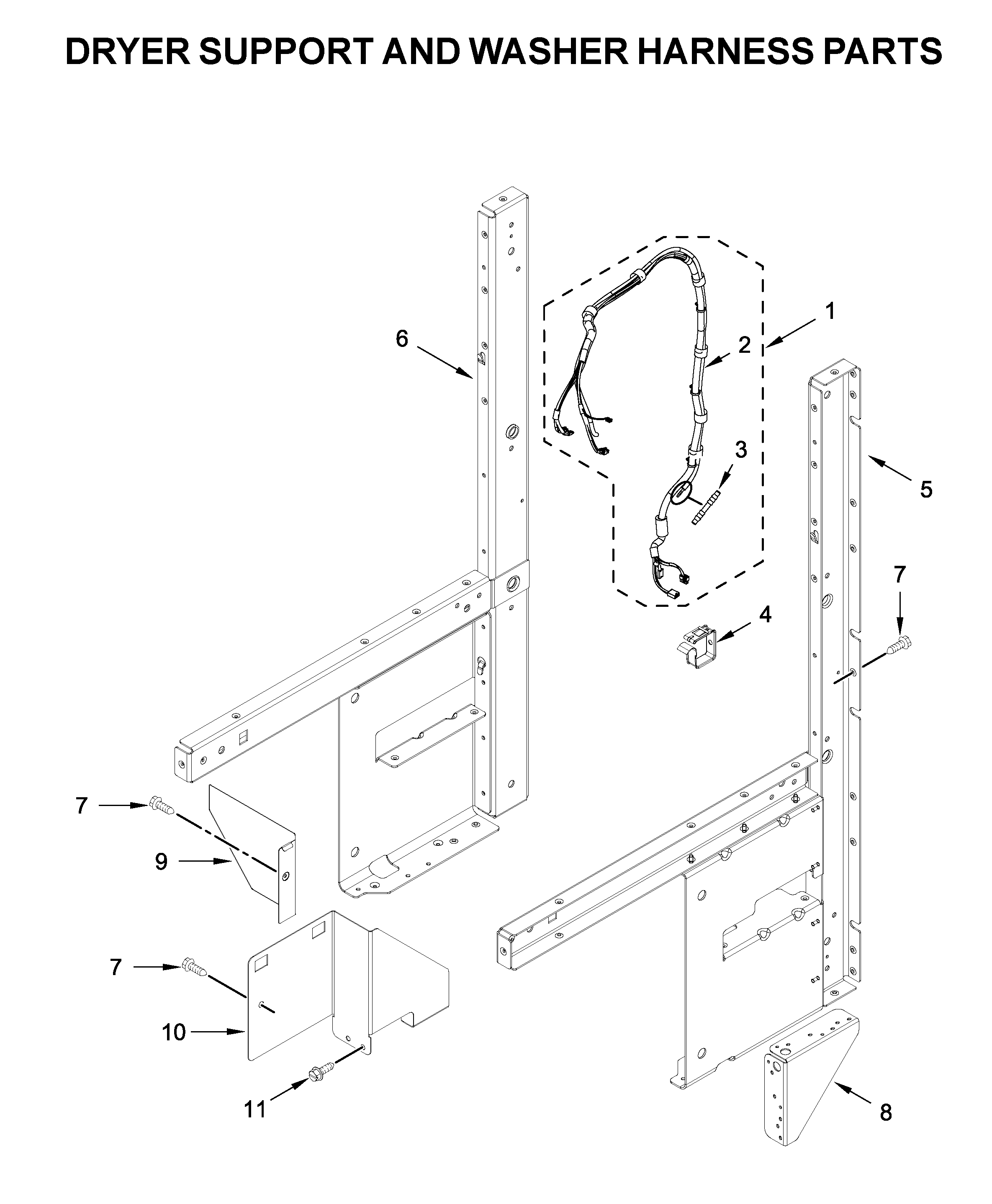 Dryer support and washer harness parts