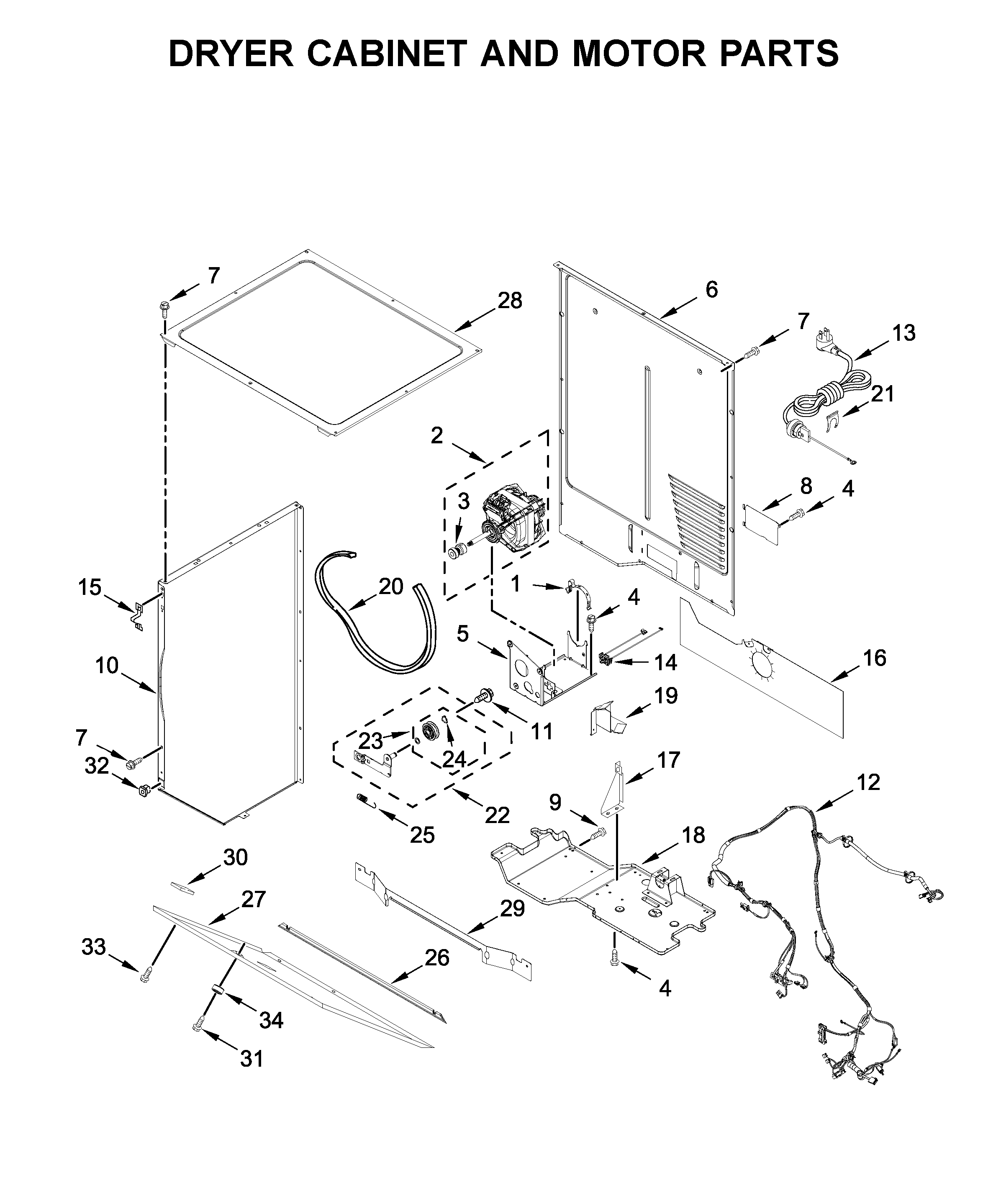 Dryer cabinet and motor parts