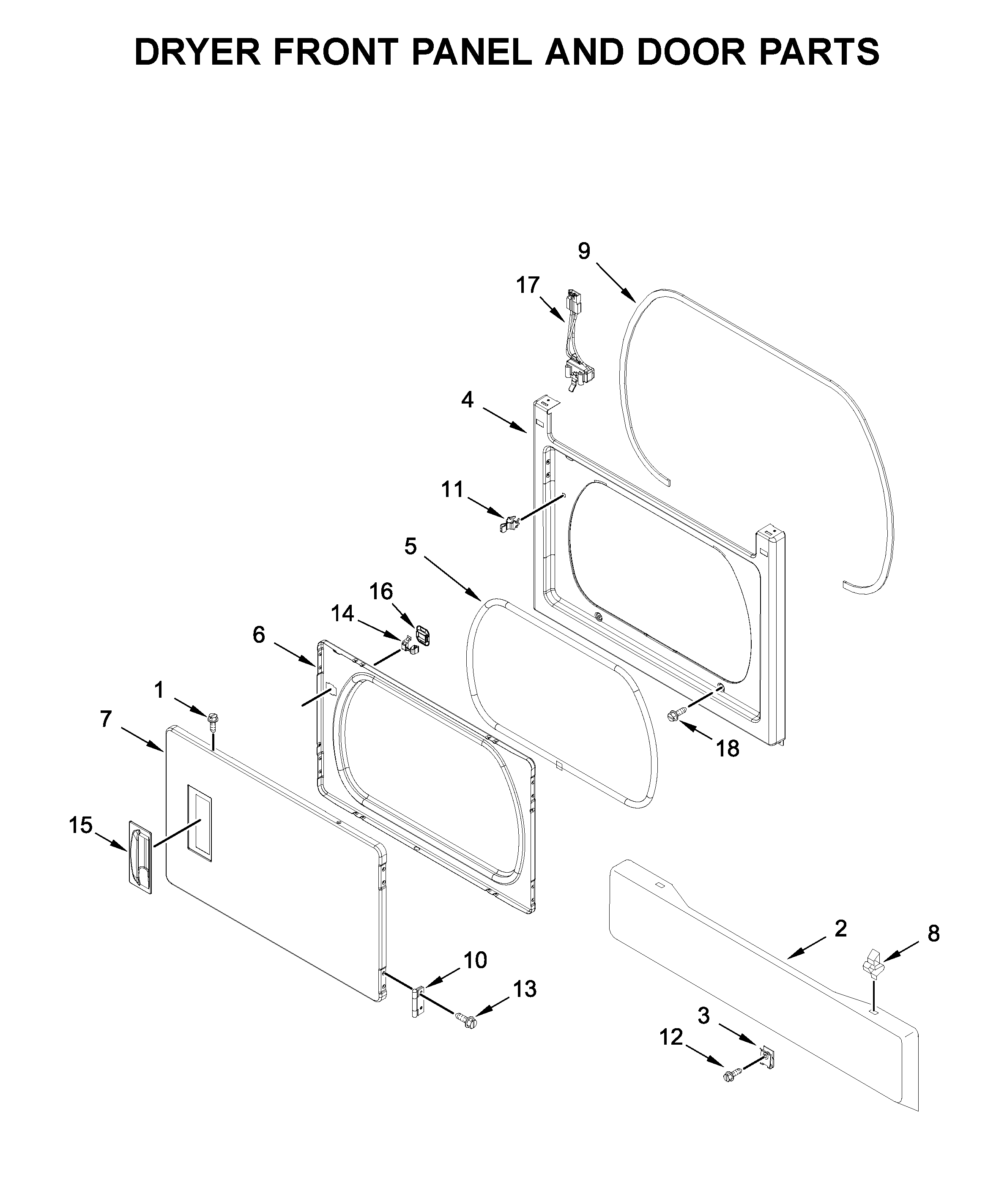 Dryer front panel and door parts