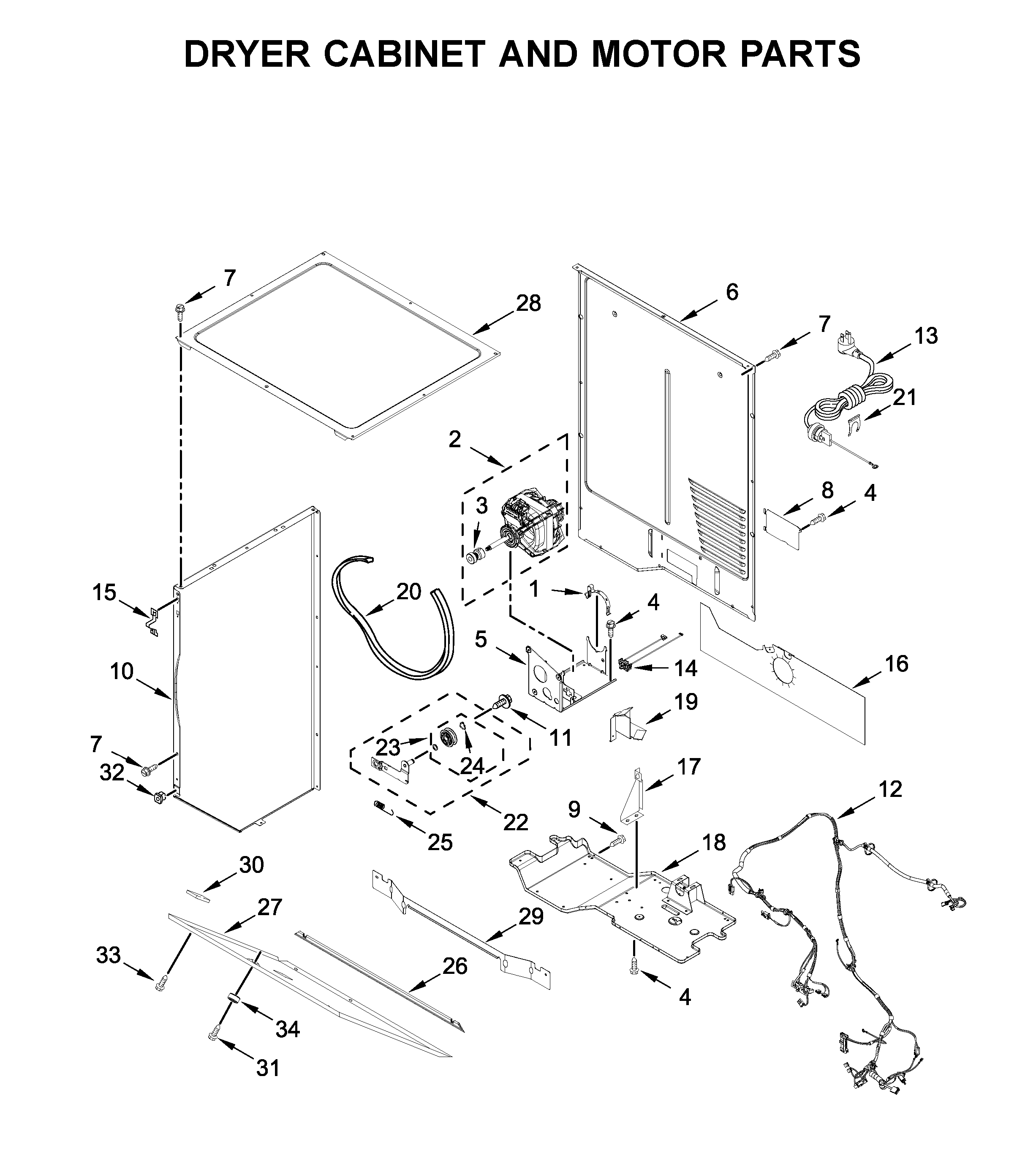Dryer cabinet and motor parts