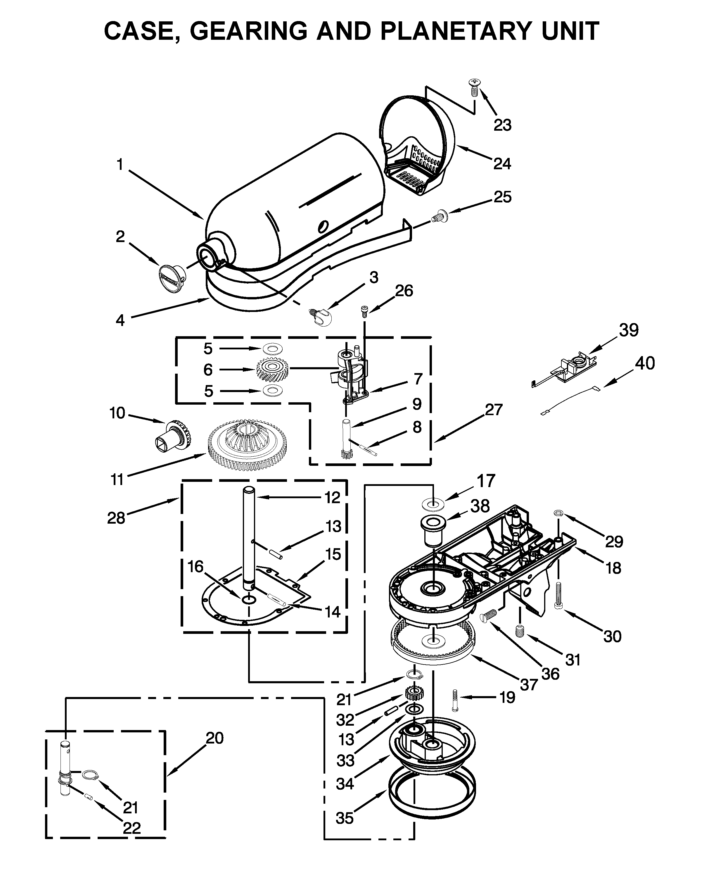 Case, gearing and planetary unit