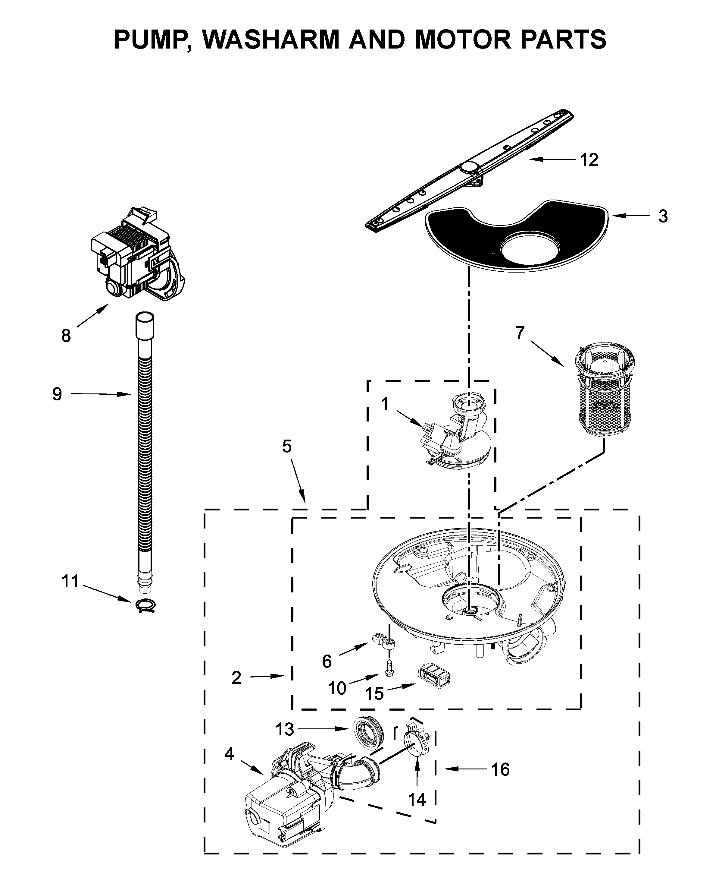 Pump, washarm and motor parts