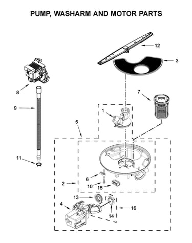 Pump, washarm and motor parts