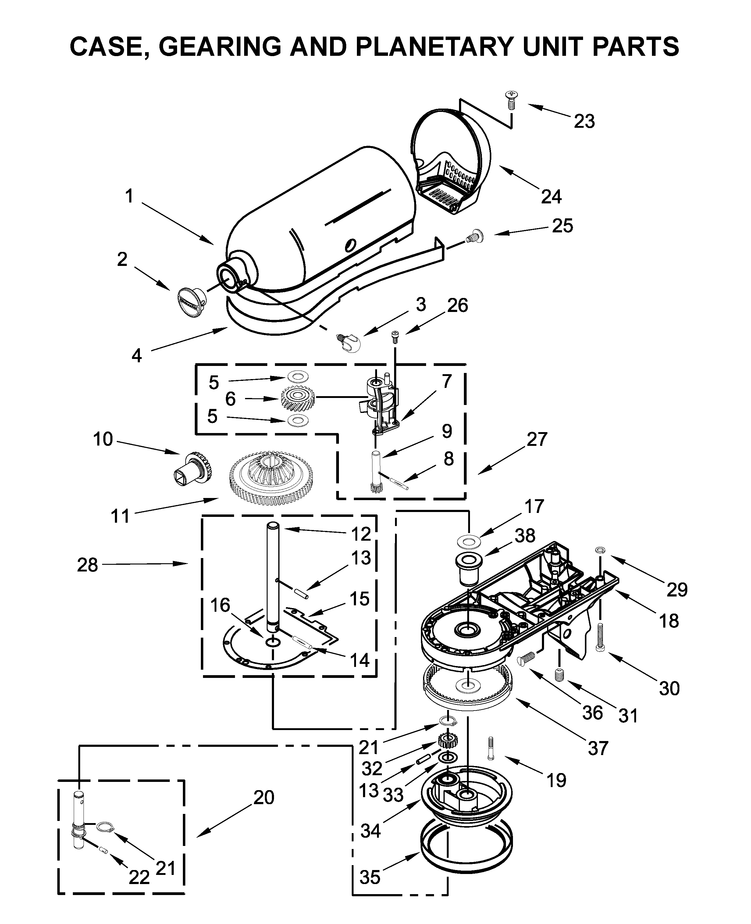 Case, gearing and planetary unit parts